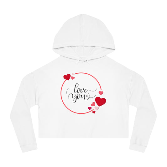 Valentine Hearts and Love You Printed Women’s Cropped Hooded Sweatshirt