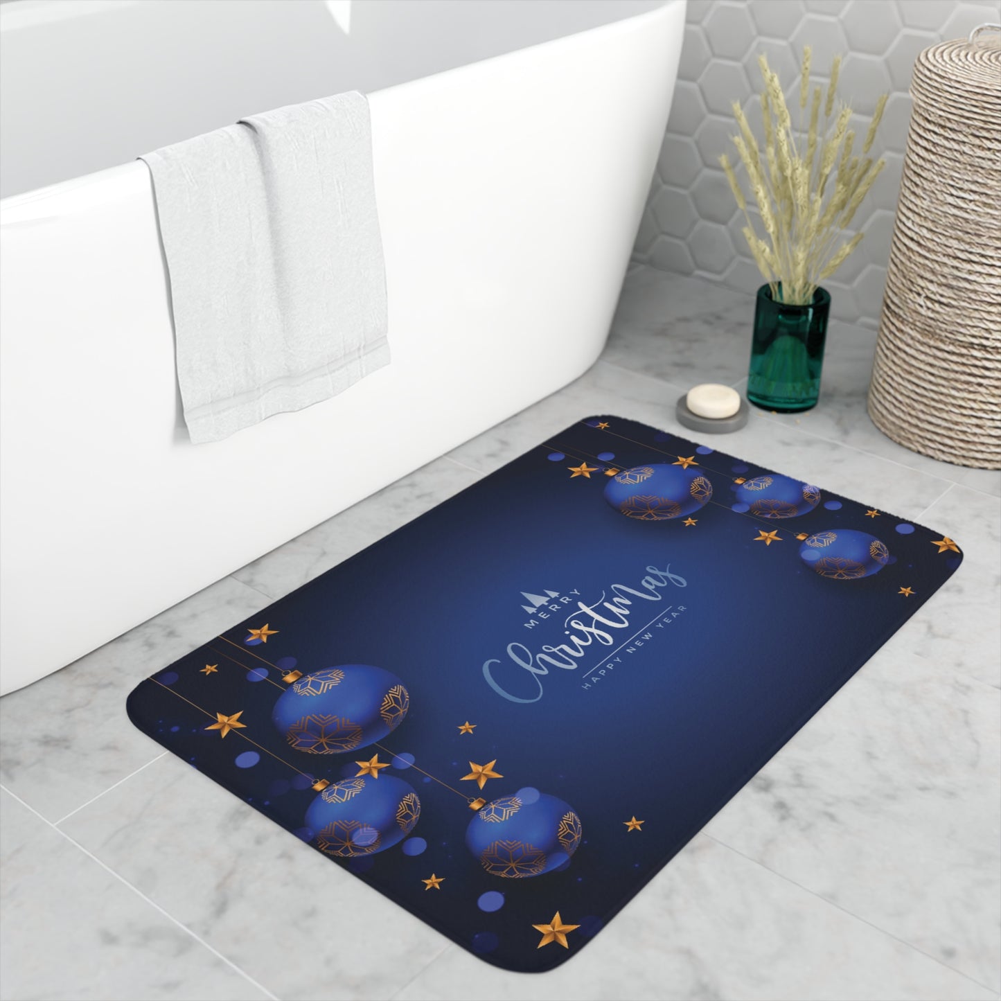 Merry Christmas Printed Memory Foam Bath Mat, Dark Blue