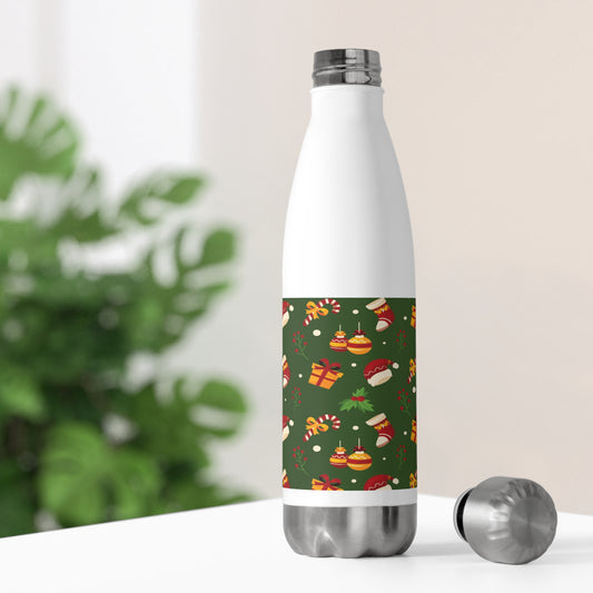 Insulated Stainless Steel Water Bottle – Green Christmas Design with Candy Canes & Holly – Eco-Friendly Holiday Gift
