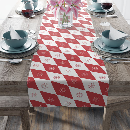 Christmas Table Runner, Red and White Diamond Pattern with Snowflakes, Festive Holiday Dining Decor