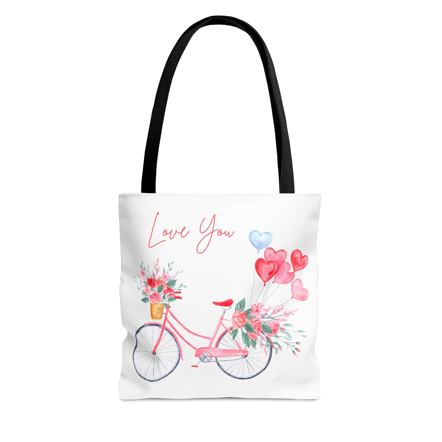 Love You with Bicycle and Heart Baloons Printed Tote Bag, Valentine's Tote Bag