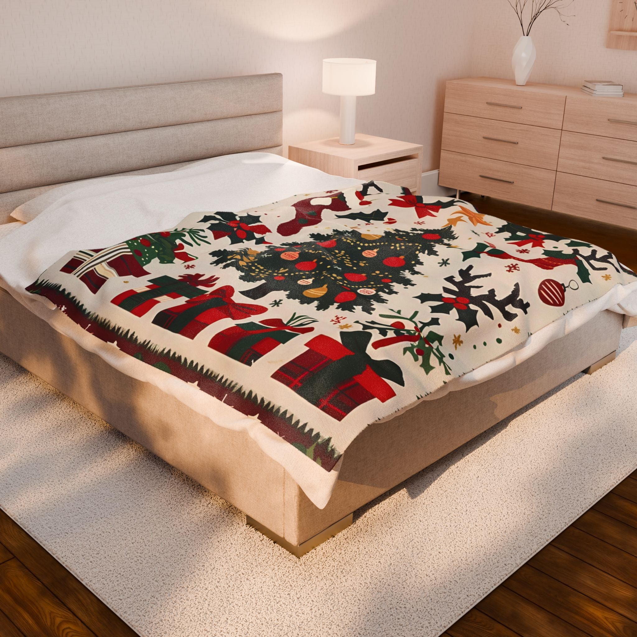 Christmas Tree Velveteen Plush Blanket – Holiday Stockings, Gifts & Holly Print Throw