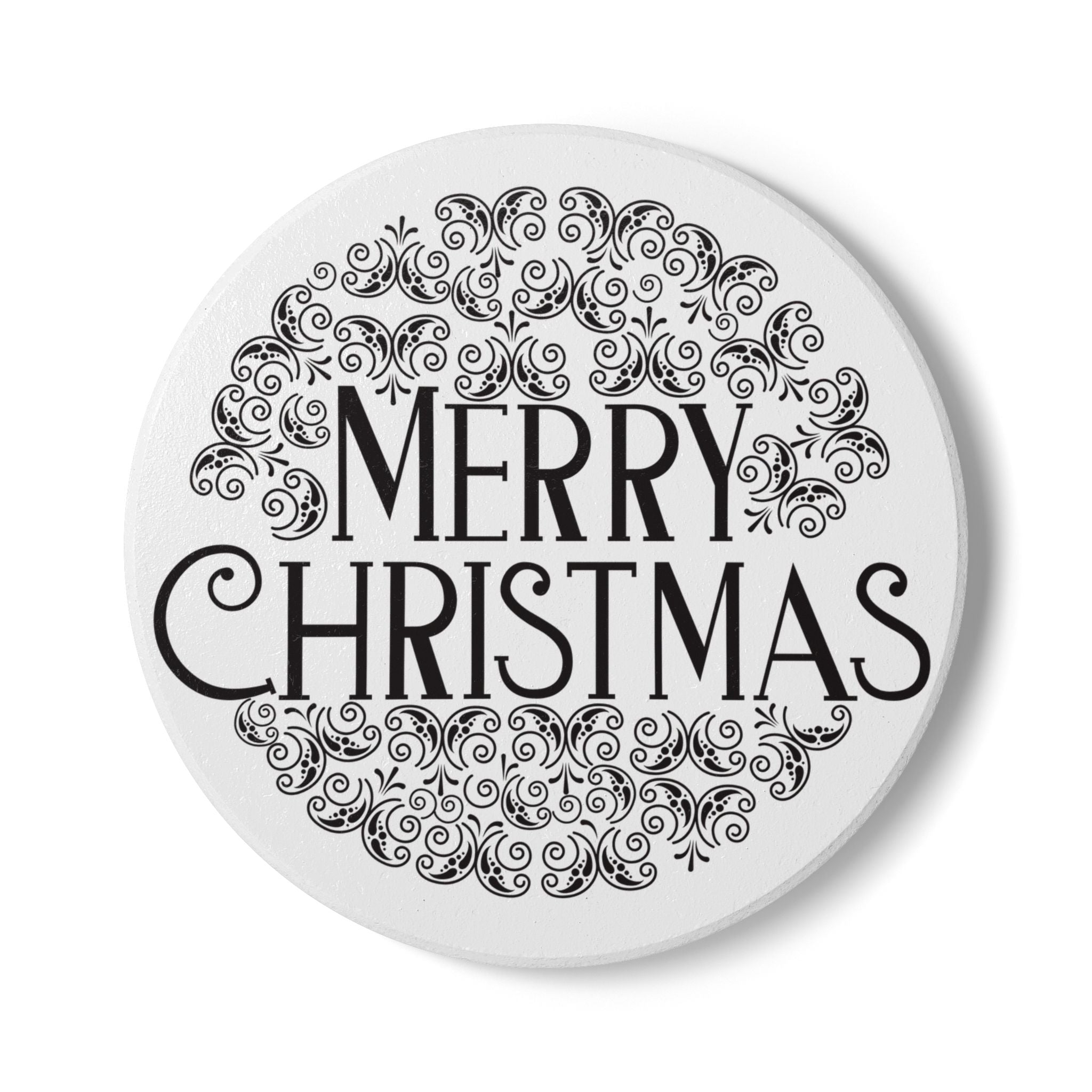 Elegant Christmas Ceramic Coaster with “Merry Christmas” Floral Design