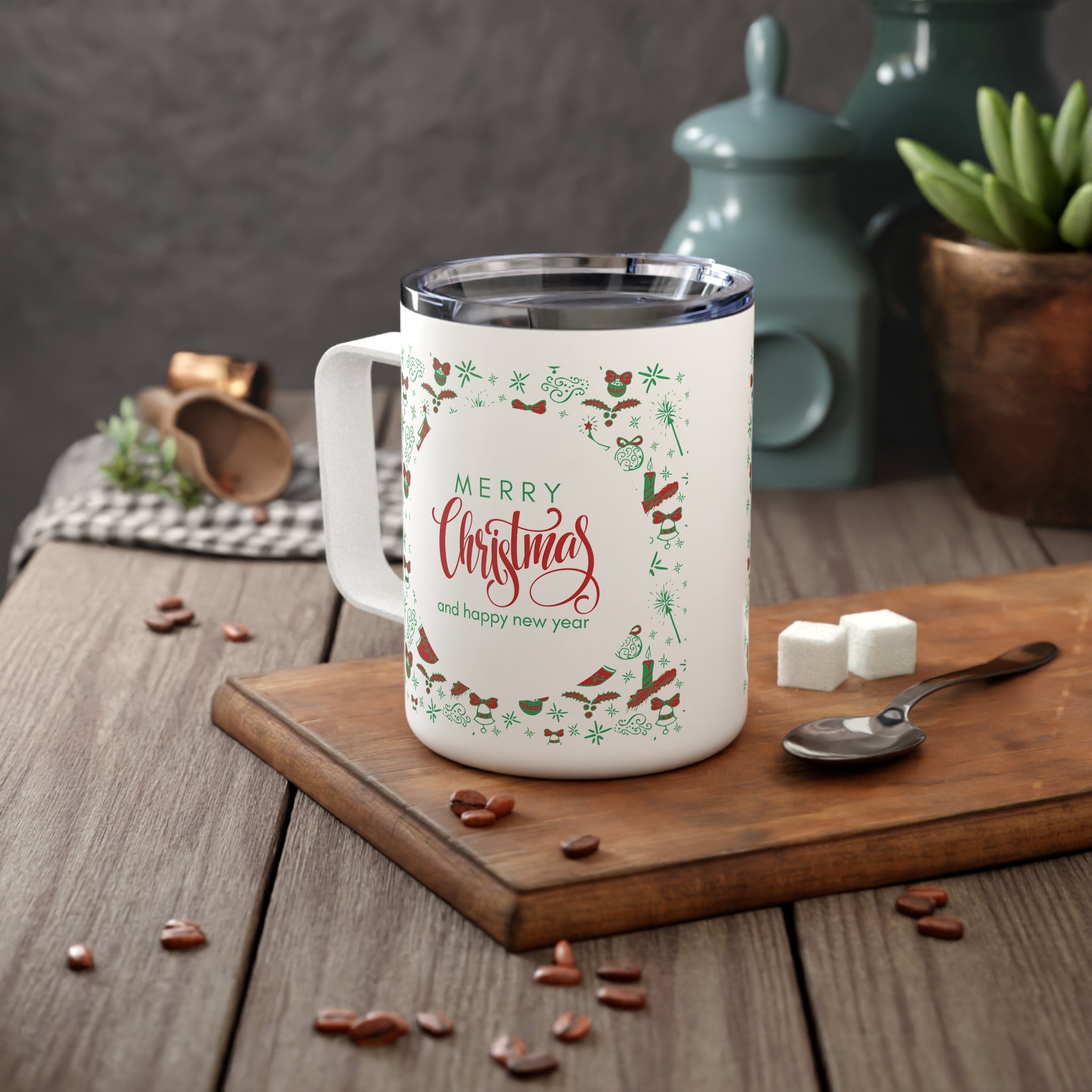 10oz Travel Mug, “Merry Christmas and Happy New Year” with Holiday Icons, Gift for Festive Season