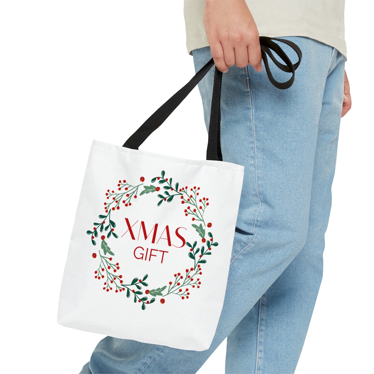 Christmas Tote Bag with “XMAS GIFT” Wreath Design – Durable All-Over Print Holiday Carryall in 3 Sizes