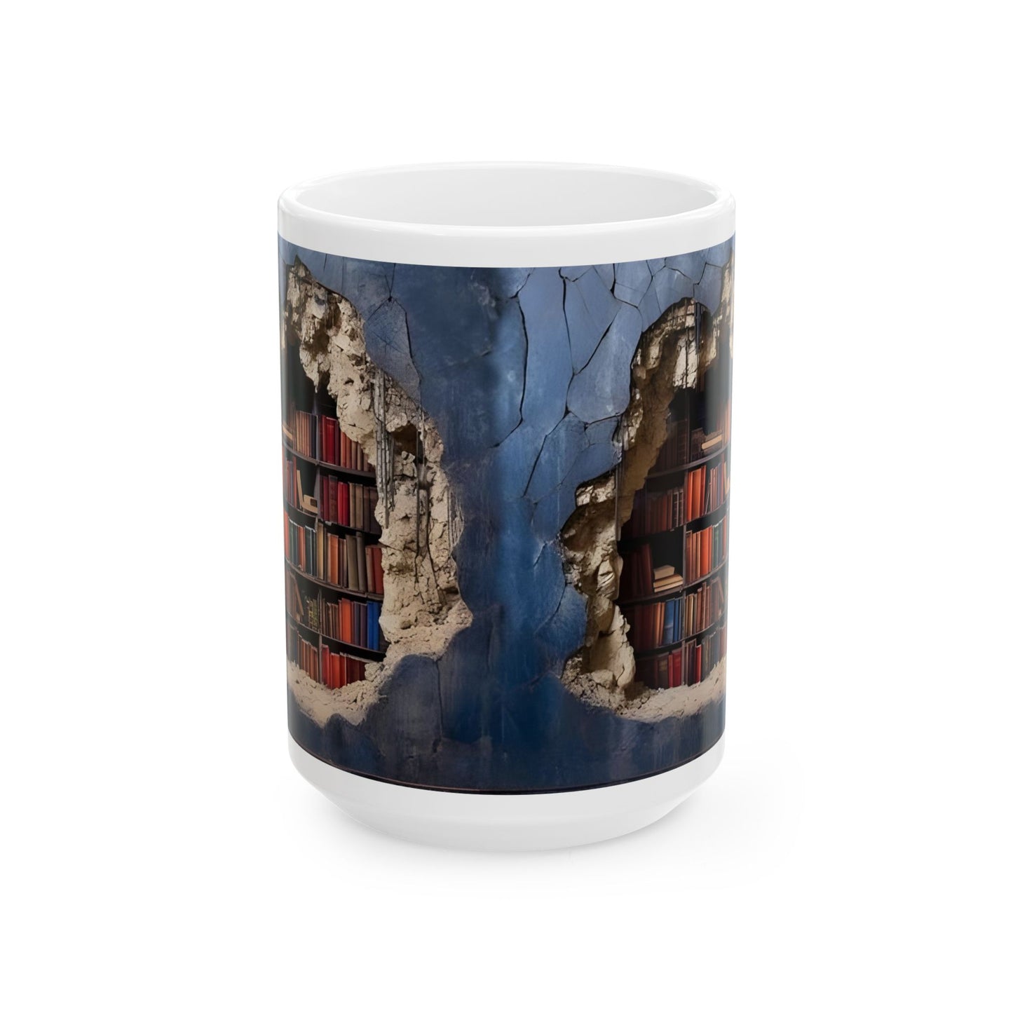Mug - 3D Bookshelf Illusion - Unique Library Wall Break Design
