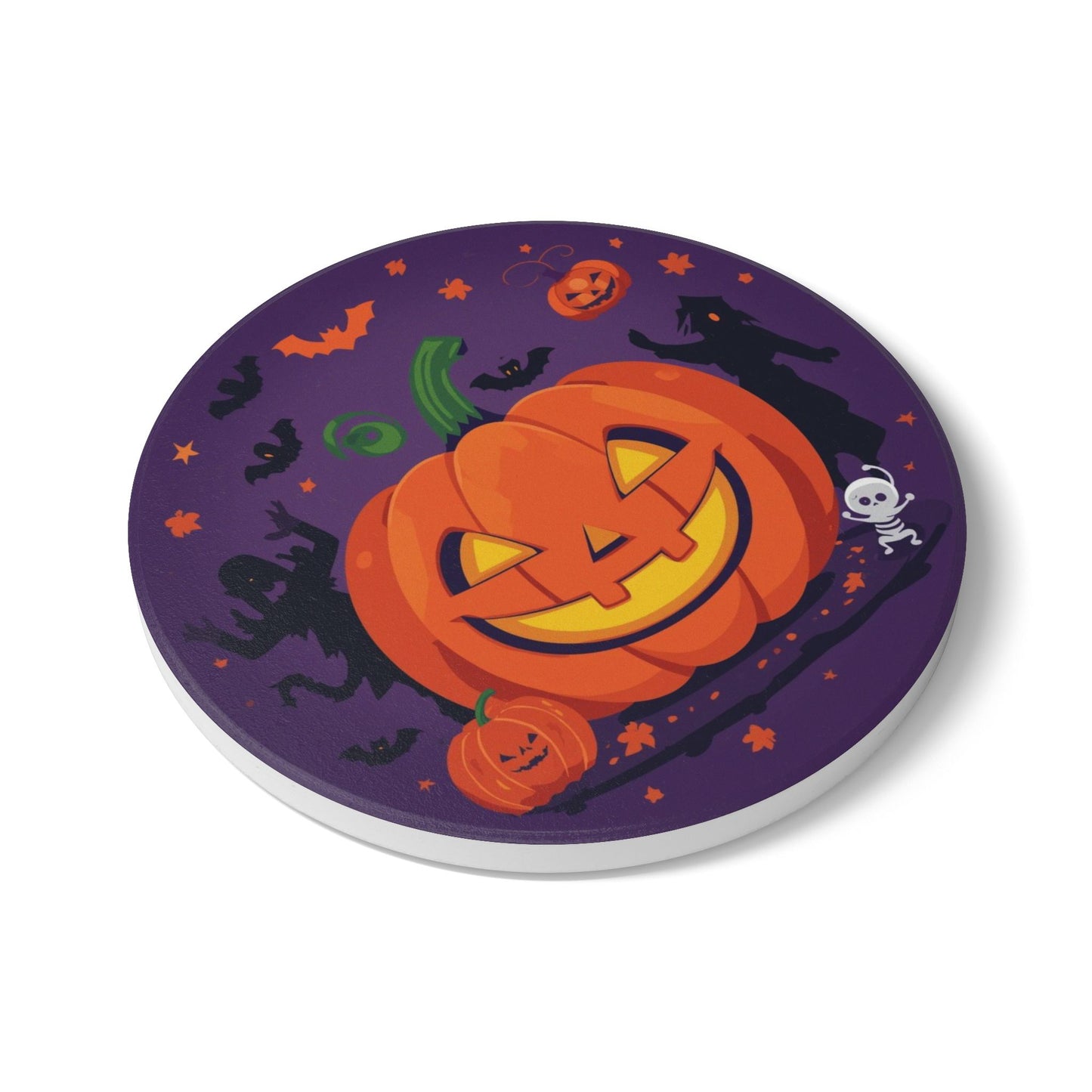 Colorful Halloween Ceramic Coaster with Pumpkin and Skeleton Design