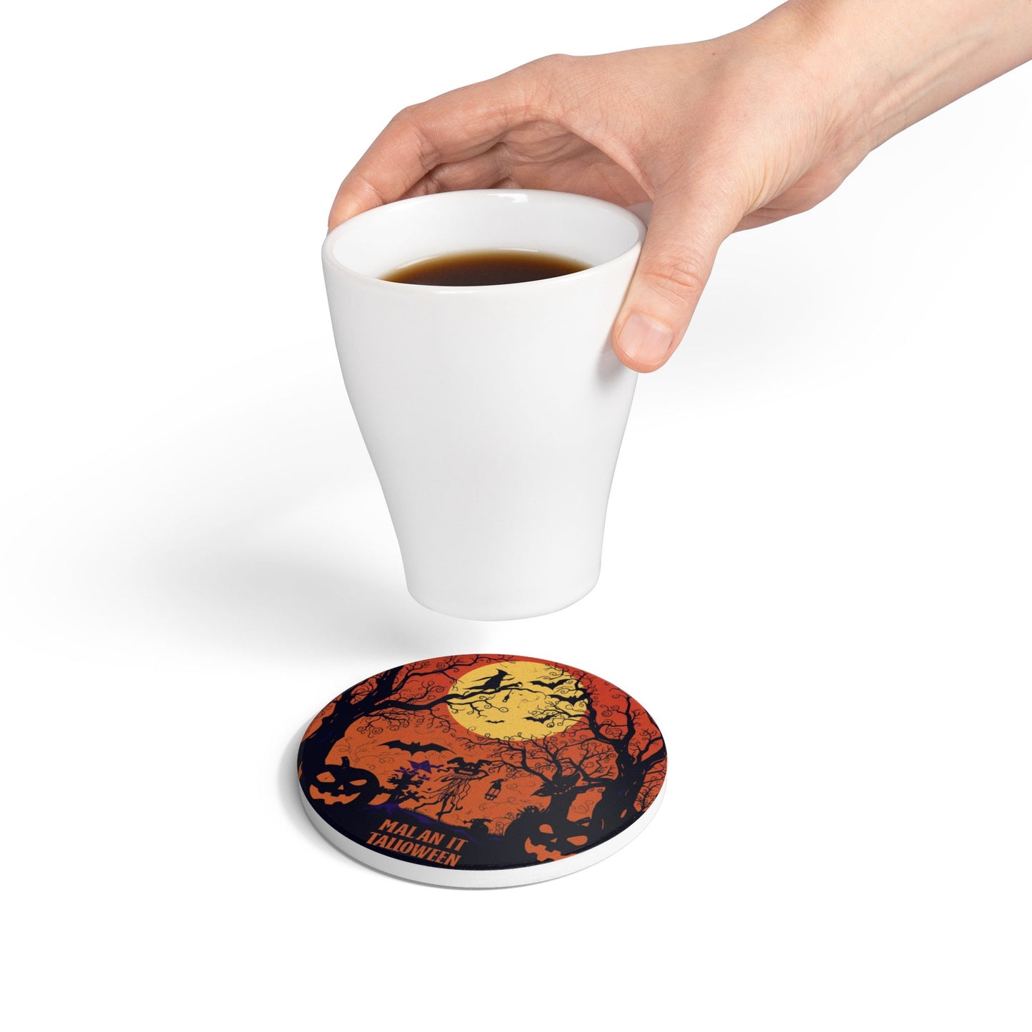 Spooky Halloween Ceramic Coaster with Witch and Scarecrow Design