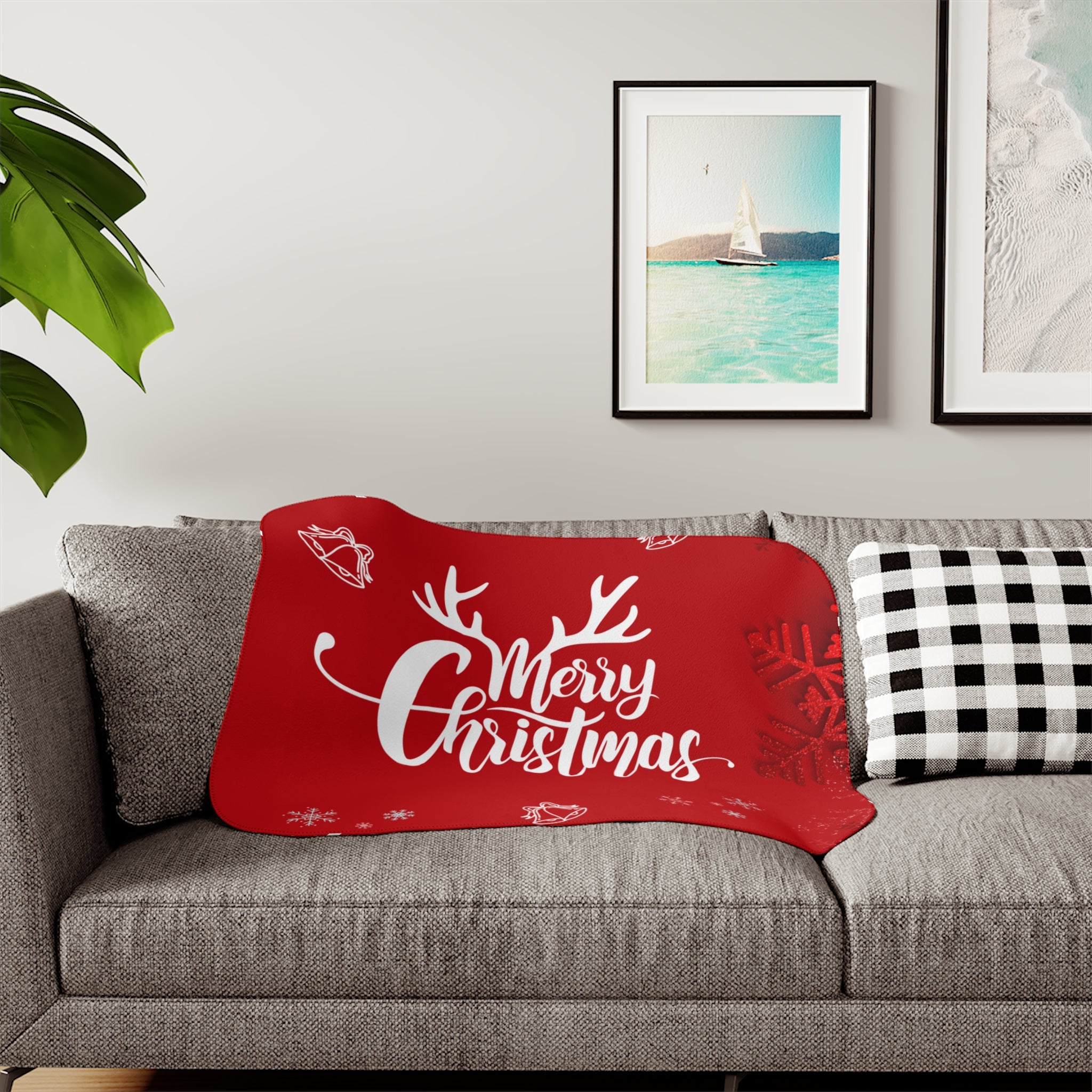 Merry Christmas Printed Sherpa Blanket, Red