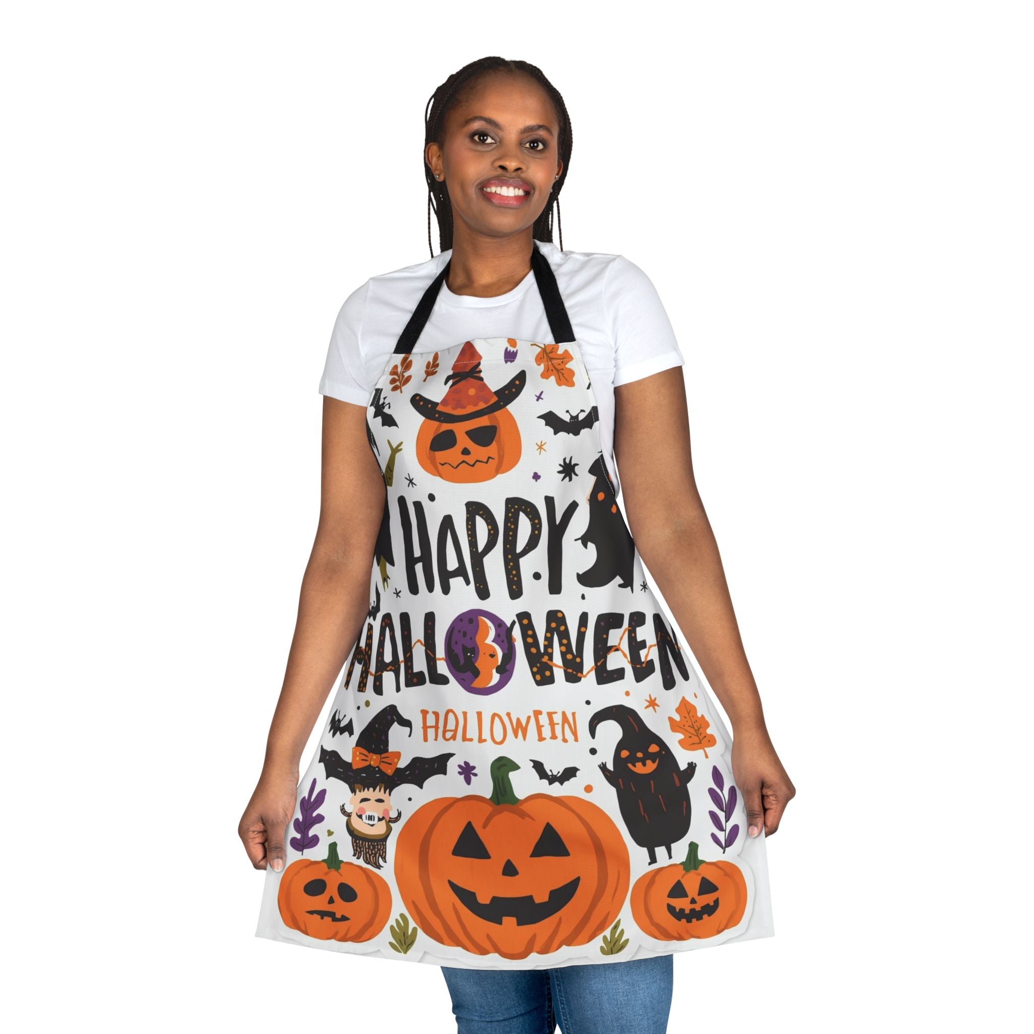 Happy Halloween Apron – Pumpkins, Witch, Bats & Autumn Leaves