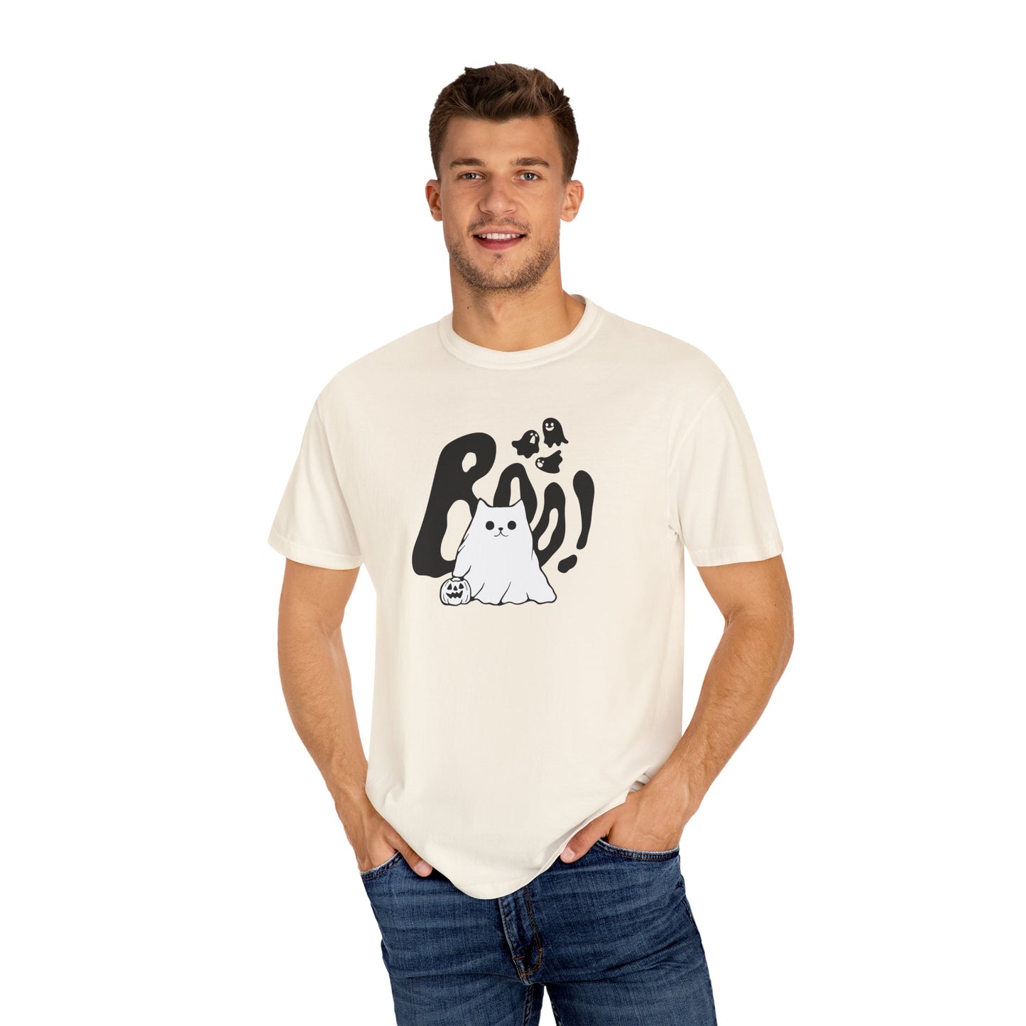 BOO Ghost Cat T-shirt– Pumpkin Purrfection for Halloween