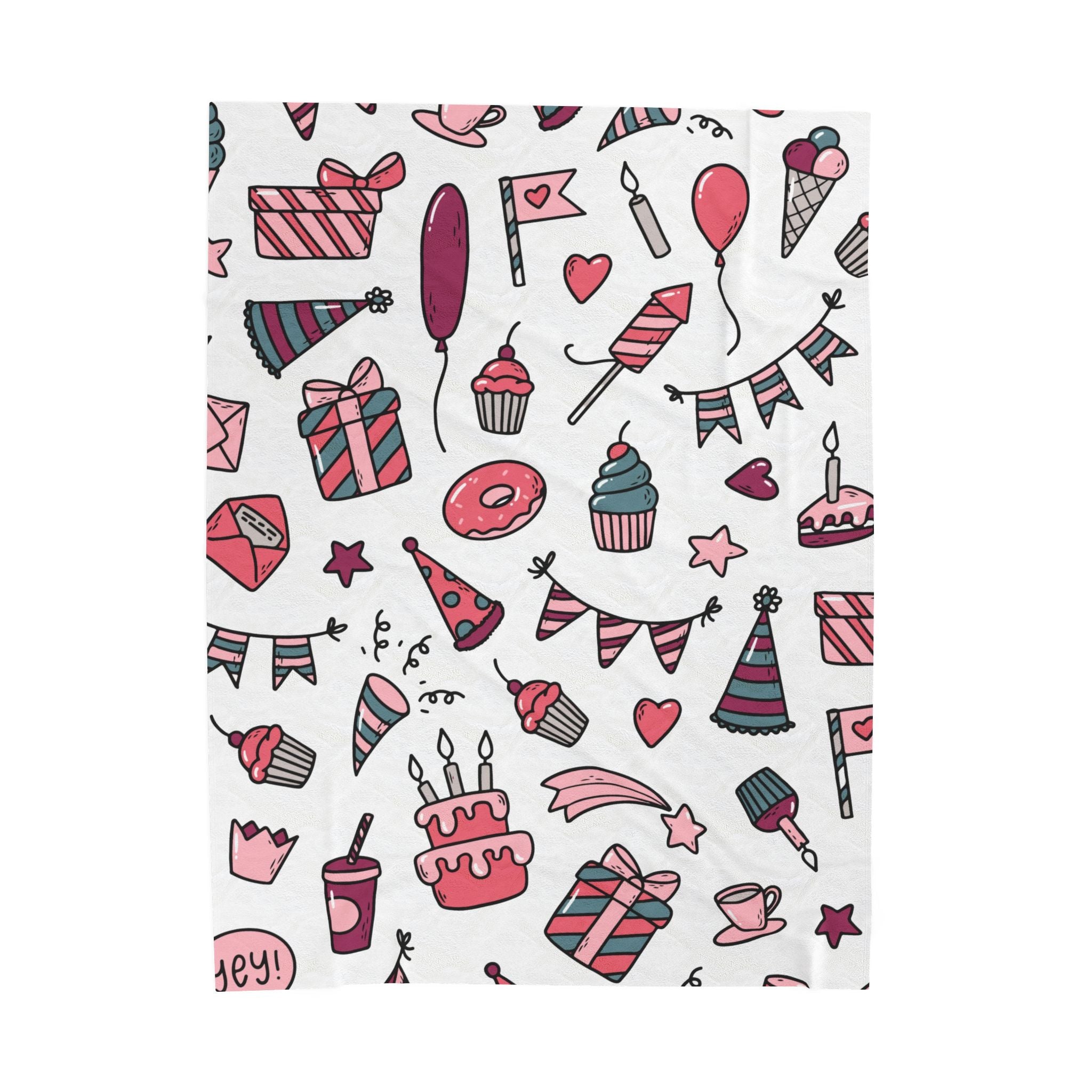 Birthday Party Velveteen Plush BlanketBirthday Party Velveteen Plush Blanket – Cupcakes, Gifts & Confetti Pattern Throw