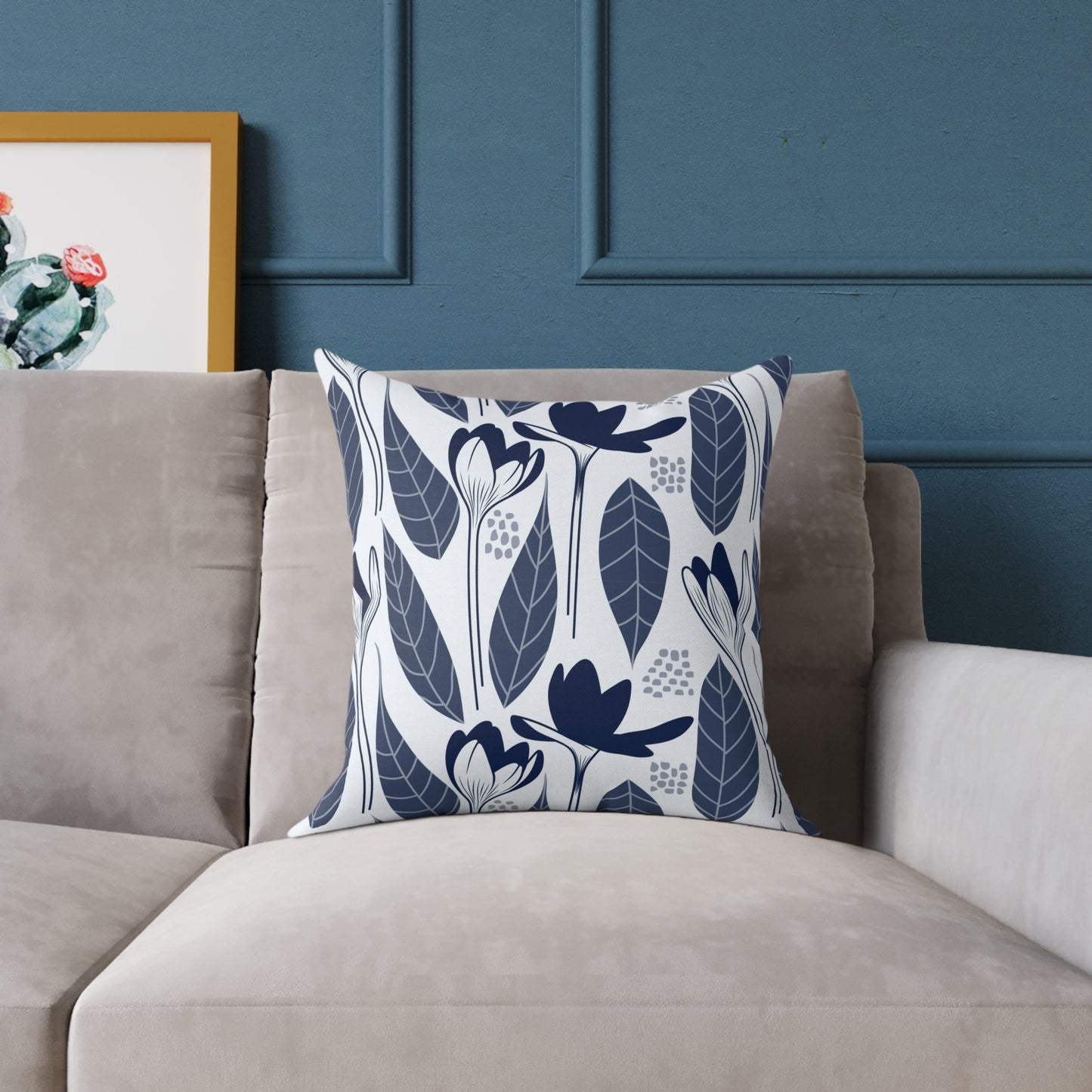 Minimalist Navy Blue Floral Throw Pillow – Modern Botanical Cushion