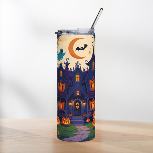 Haunted House Halloween Tumbler – Moonlit Mansion & Pumpkin Parade