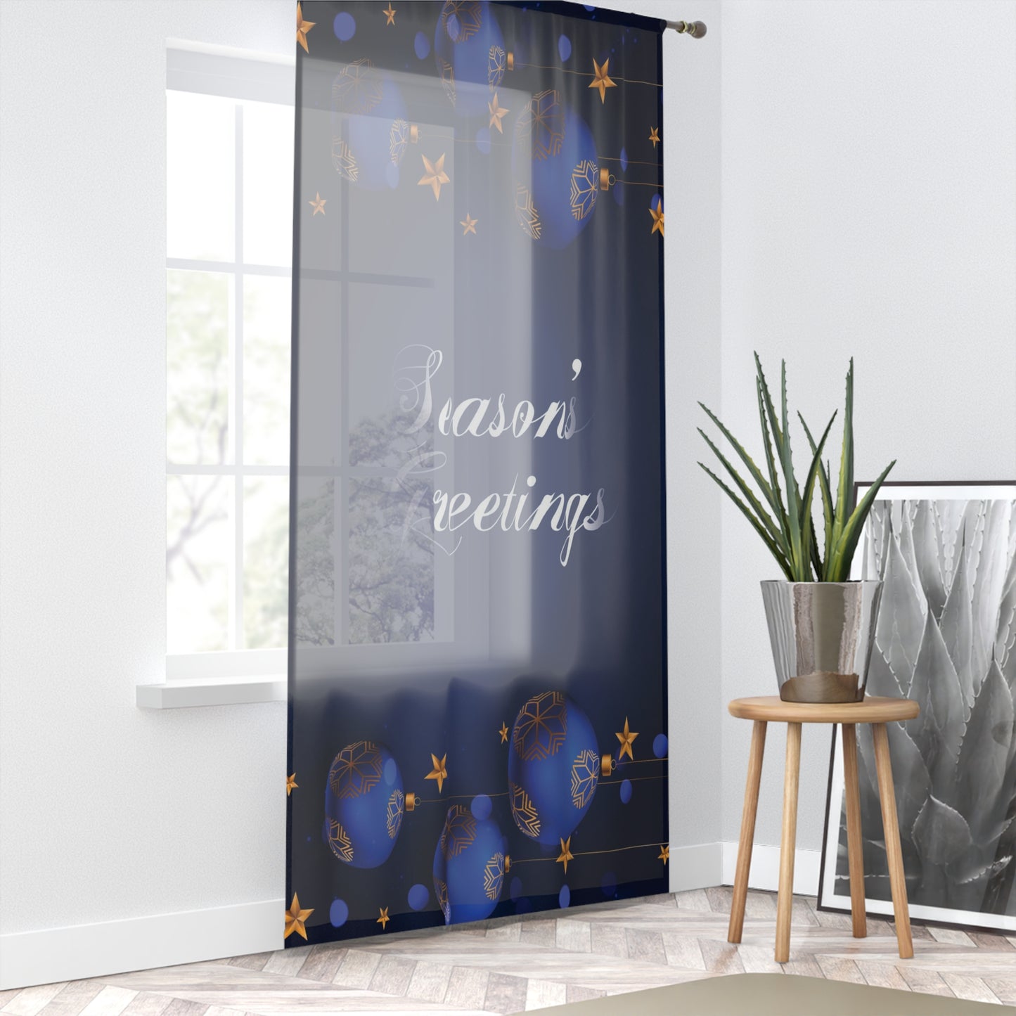 Season's Greetings Window Curtain, Dark Blue