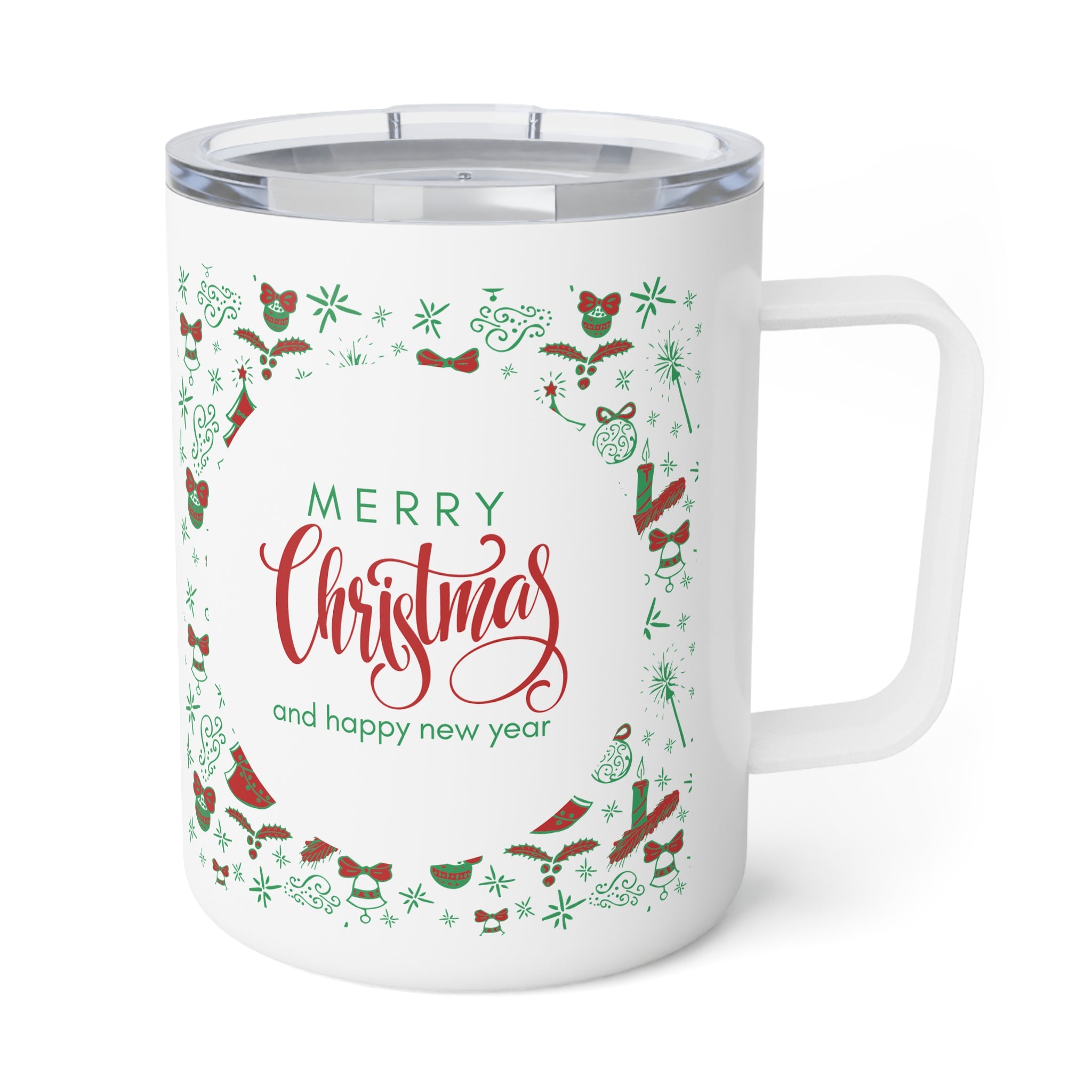 10oz Travel Mug, “Merry Christmas and Happy New Year” with Holiday Icons, Gift for Festive Season