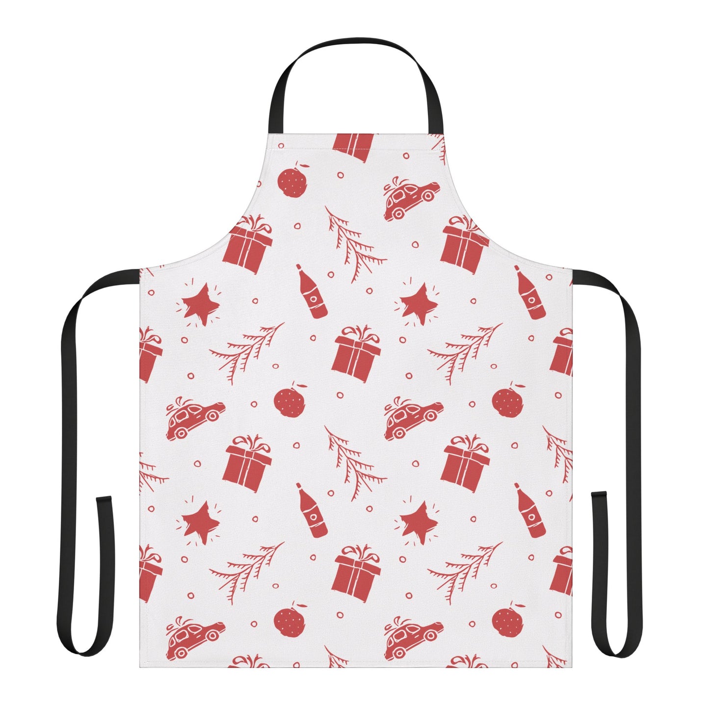 White Christmas Apron with Red Holiday Illustrations and Festive Motifs
