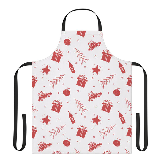 White Christmas Apron with Red Holiday Illustrations and Festive Motifs
