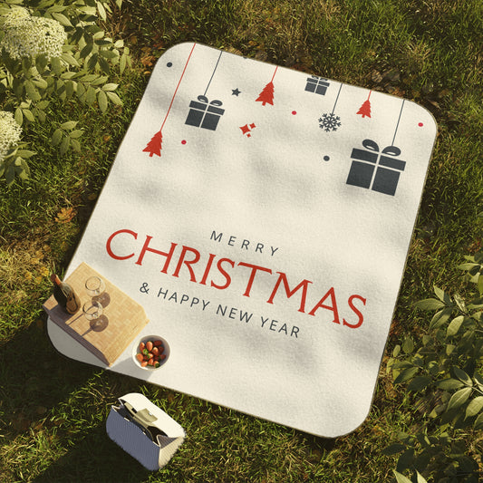 Merry Christmas & Happy New Year Printed Picnic Blanket, White