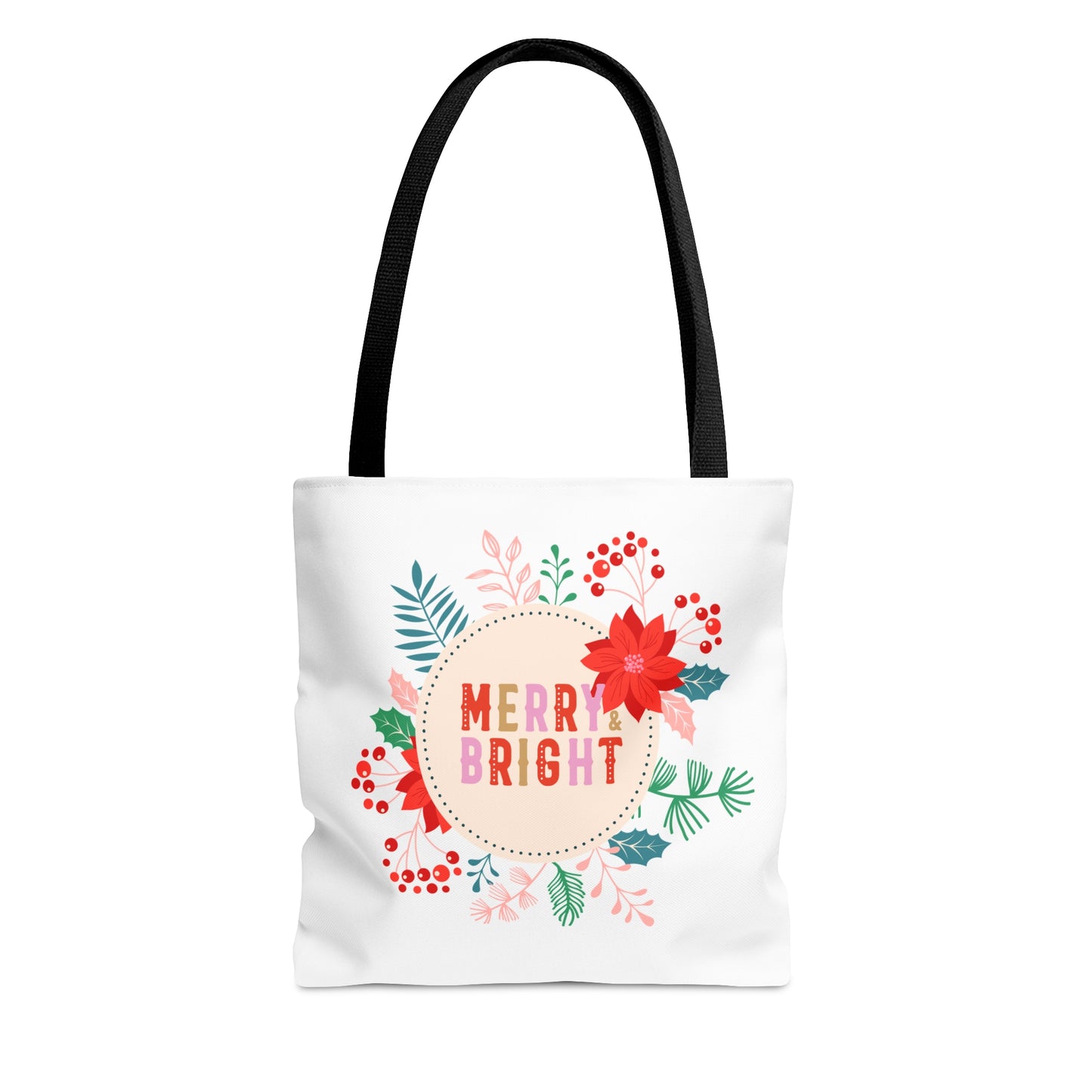 Tote Bag – MERRY & BRIGHT Floral Design – Gift for Christmas, Holiday Shopping, Winter Outings