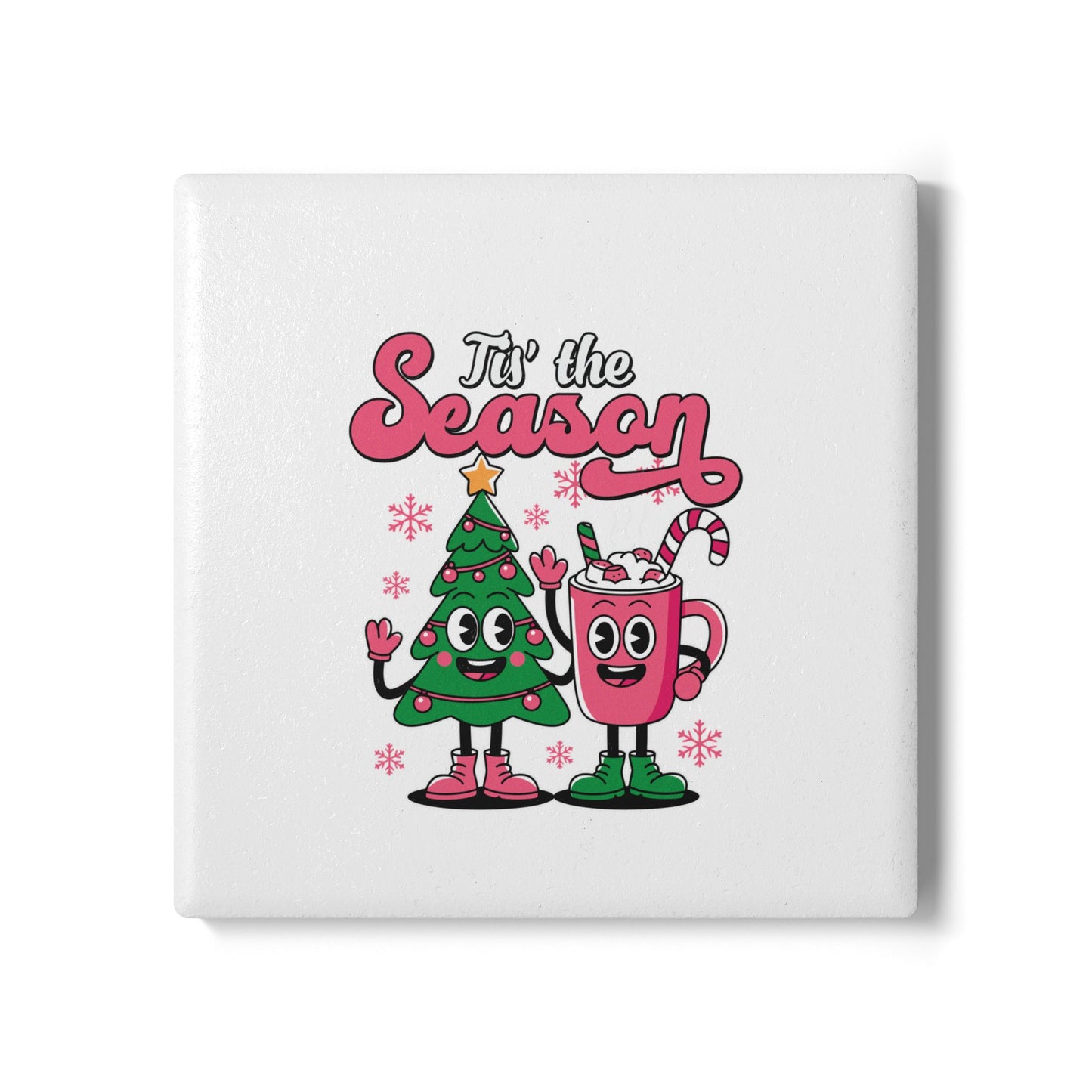 Festive Christmas Coaster with Cartoon Tree and Holiday Cup
