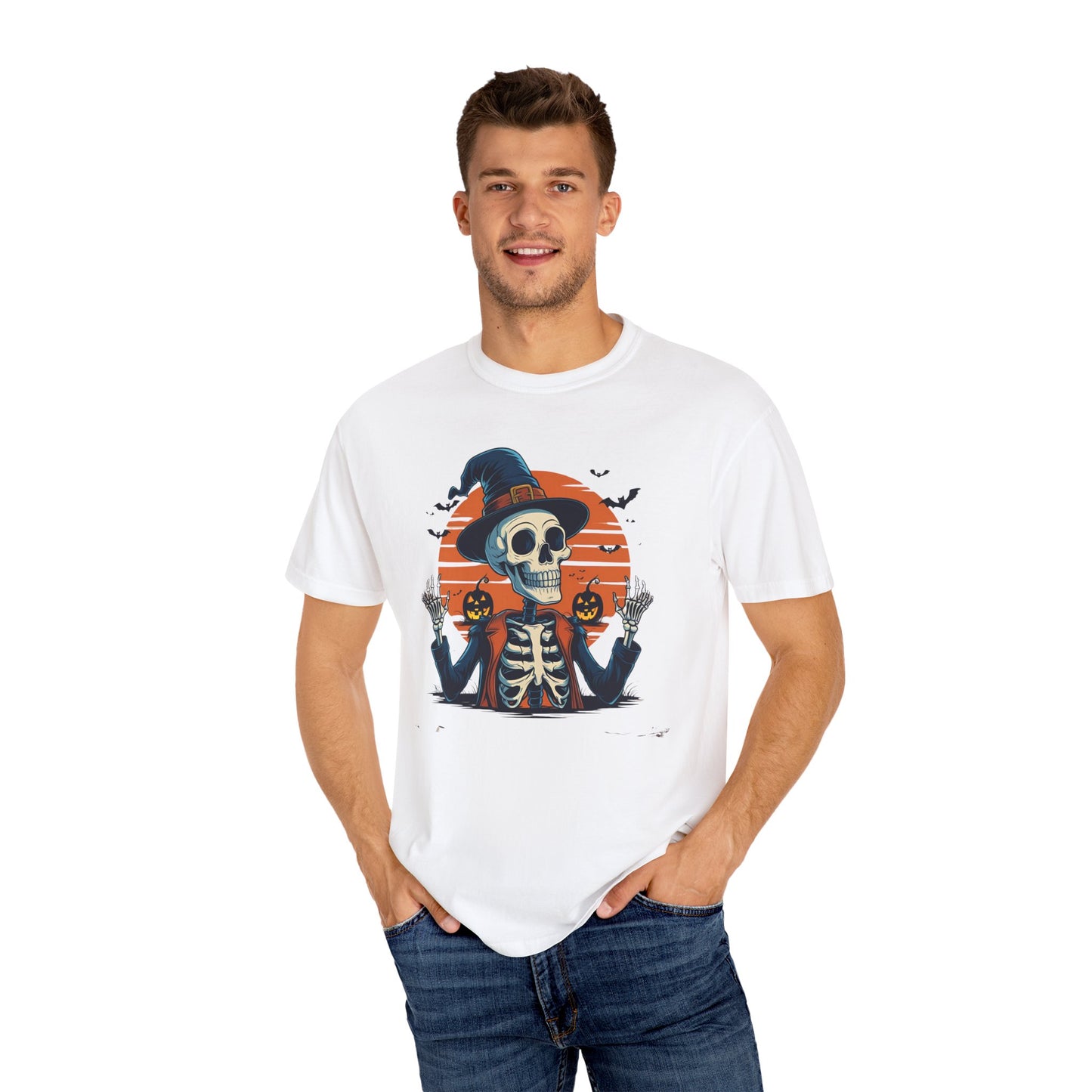 Skeleton Witch Halloween T-shirt for Adults & Teens, Funny Spooky Sunset Graphic Tee, Unisex Garment-Dyed Top, Pumpkin Hat Shirt, Halloween