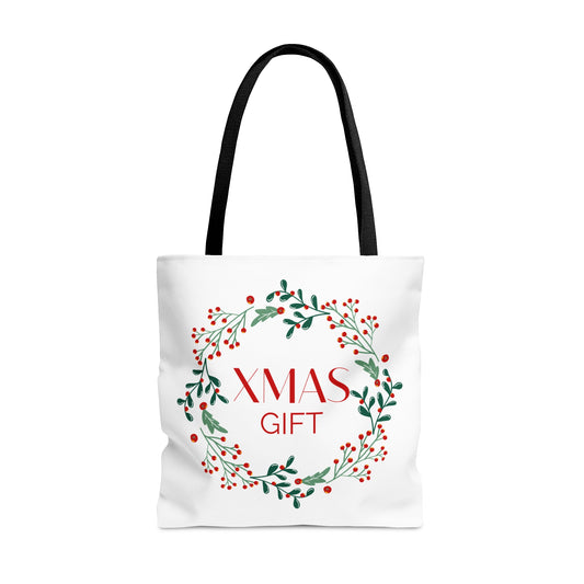 Christmas Tote Bag with “XMAS GIFT” Wreath Design – Durable All-Over Print Holiday Carryall in 3 Sizes