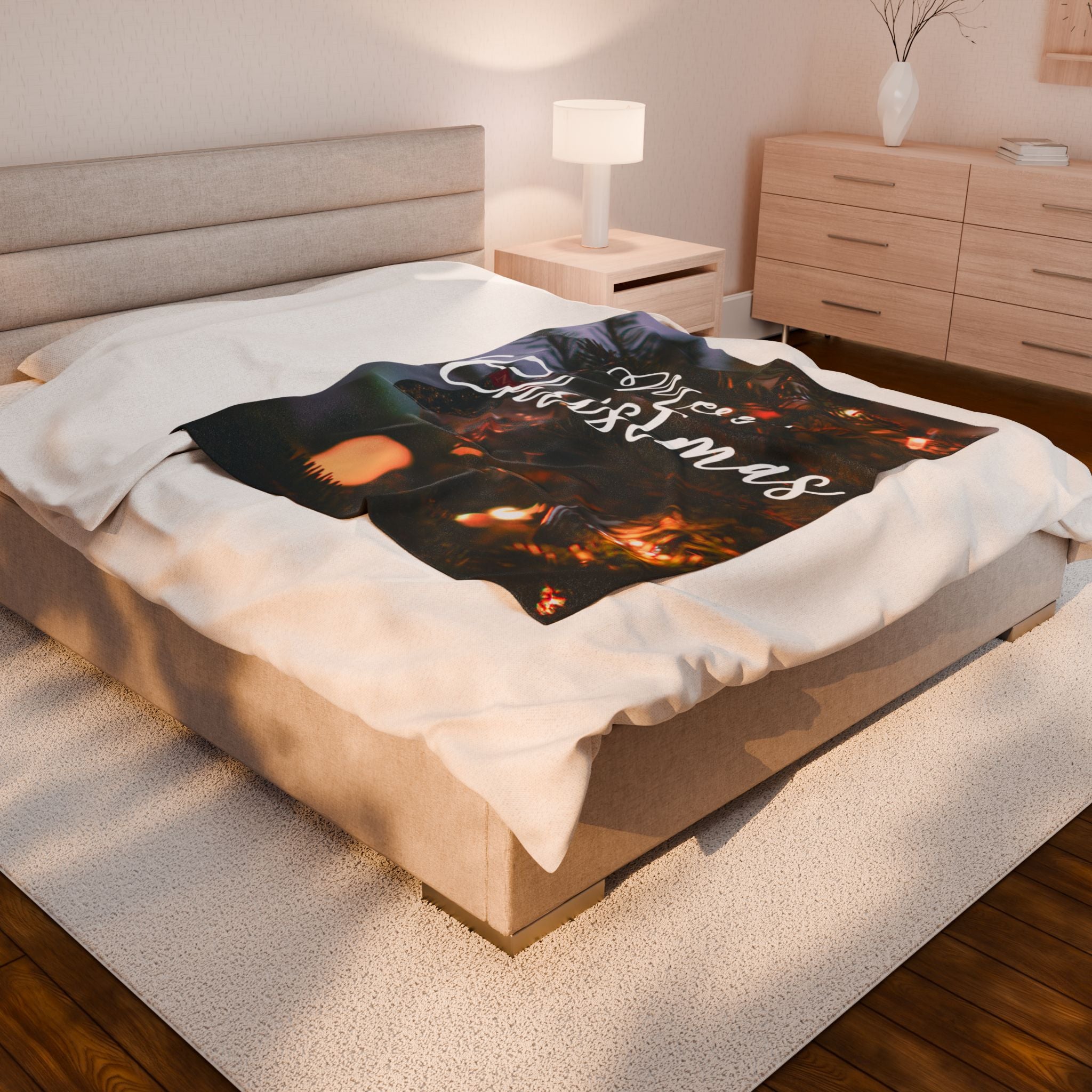 Merry Christmas with Ornament Printed Velveteen Plush Blanket