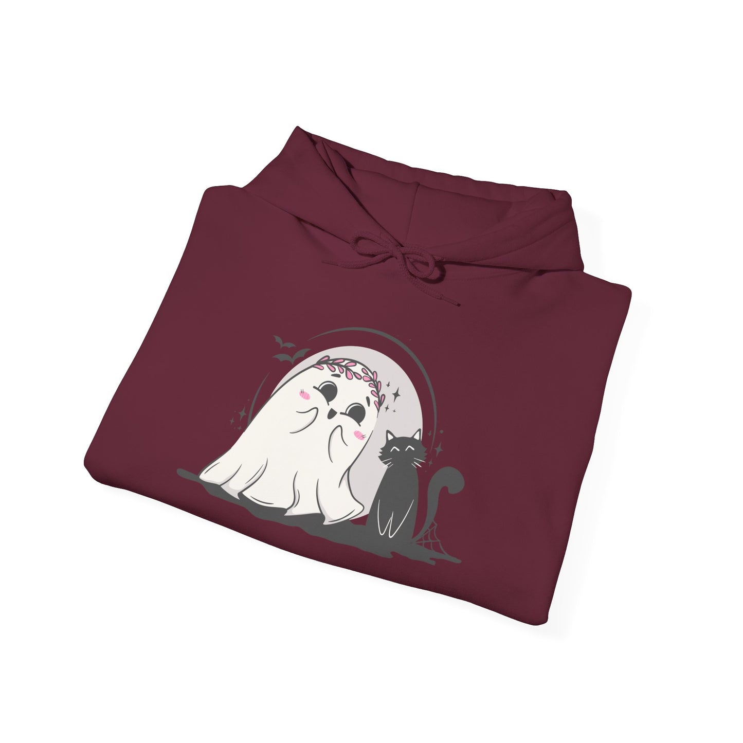 Floral Ghost & Black Cat Hoodie – Cute Halloween Companions