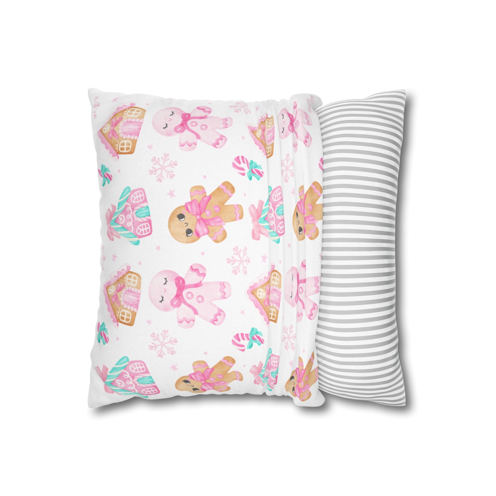 Gingerbread Pillow Cover – Double-Sided Holiday Decor with Pastel Candy Canes & Houses