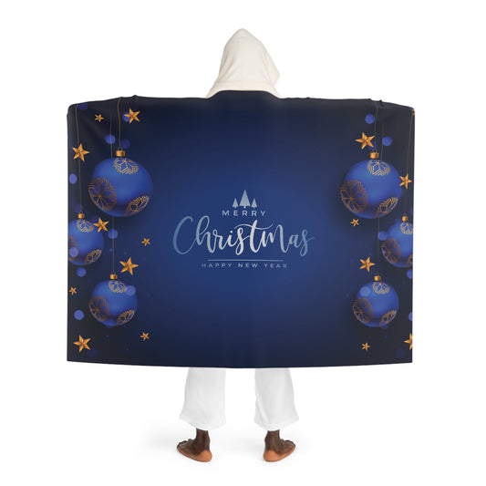 Sherpa Hooded Blanket – Dark Blue with Gold Ornaments & “Merry Christmas Happy New Year” Text – Cozy Holiday Gift