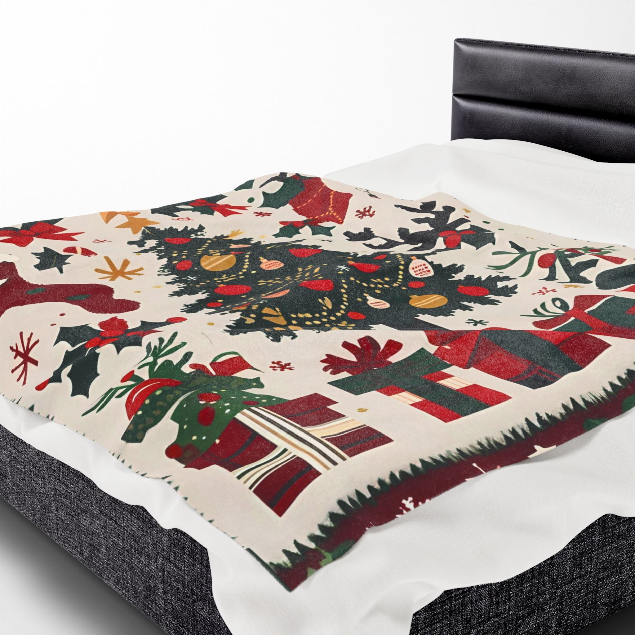 Christmas Tree Velveteen Plush Blanket – Holiday Stockings, Gifts & Holly Print Throw