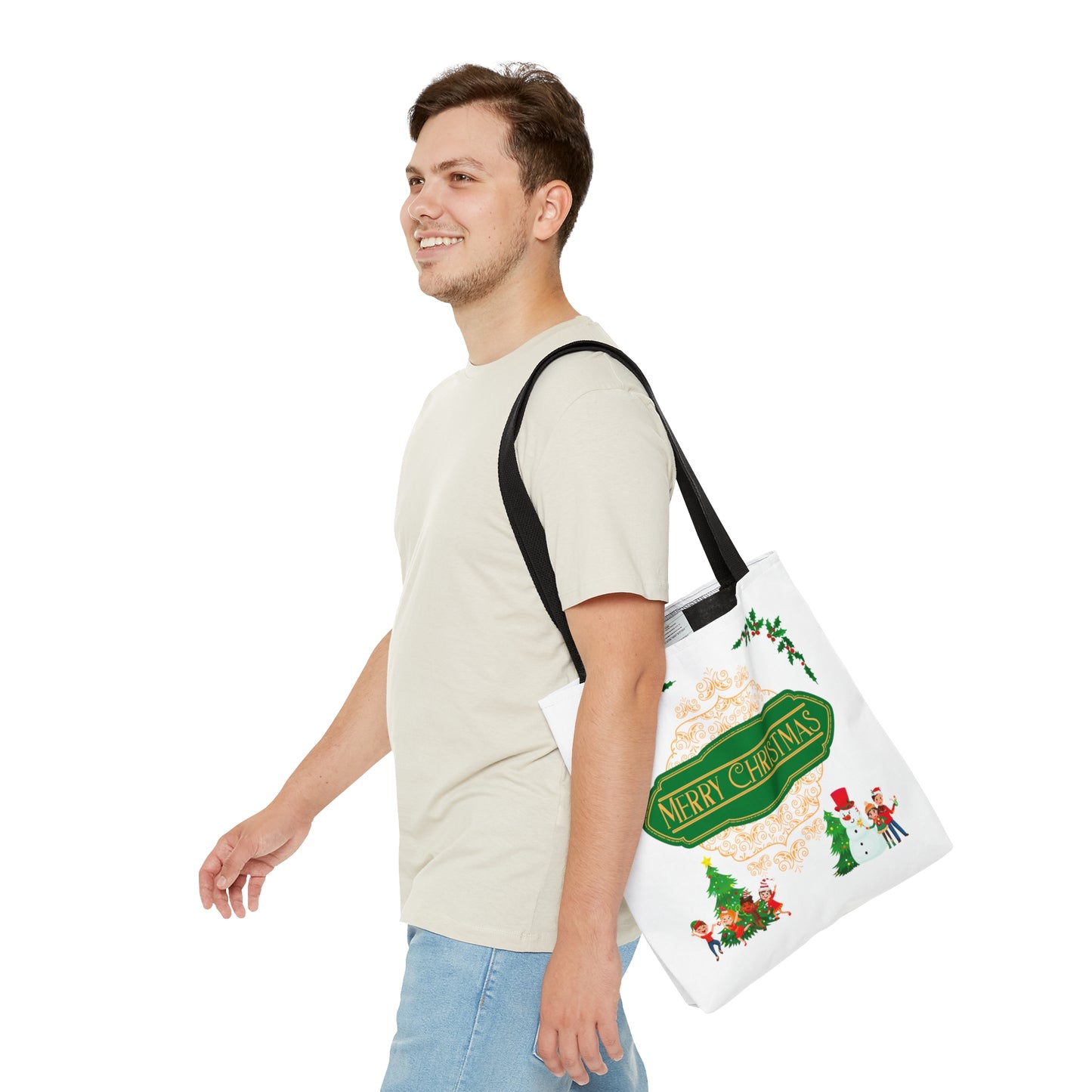 Merry Christmas Printed Tote Bags, in Green