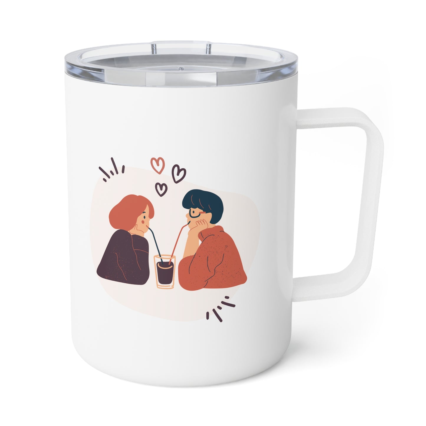 10oz Insulated Travel Mug – Couple on Bicycle Illustration, Stainless Steel, Glossy White Finish