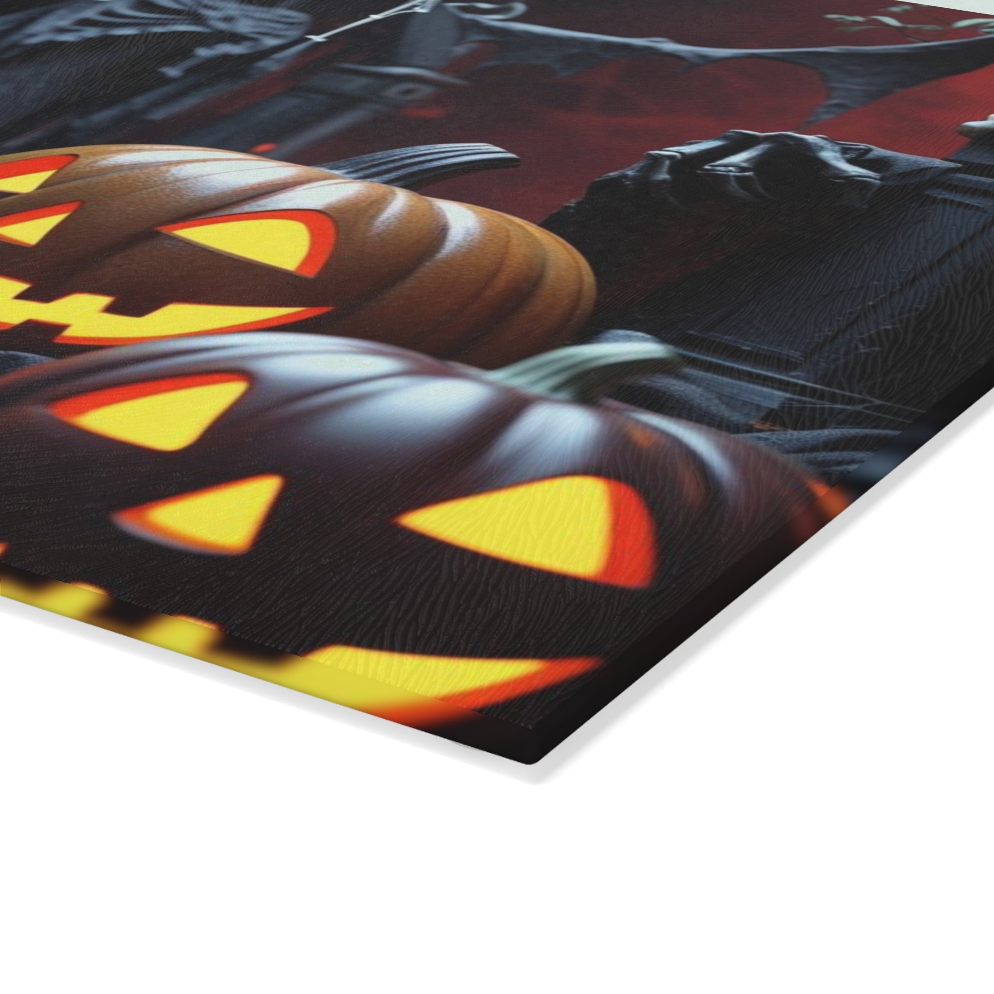 Spooky Halloween Cutting Board with Skeleton and Pumpkins Design