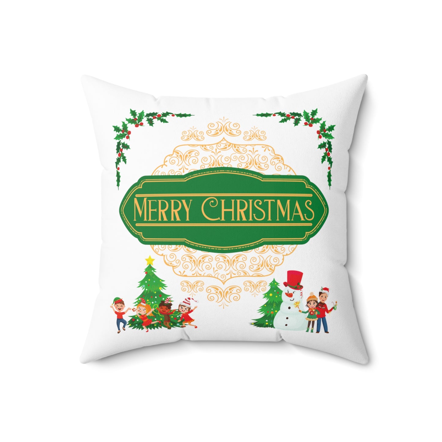 Merry Christmas Spun Polyester Sqaure Pillow, Green