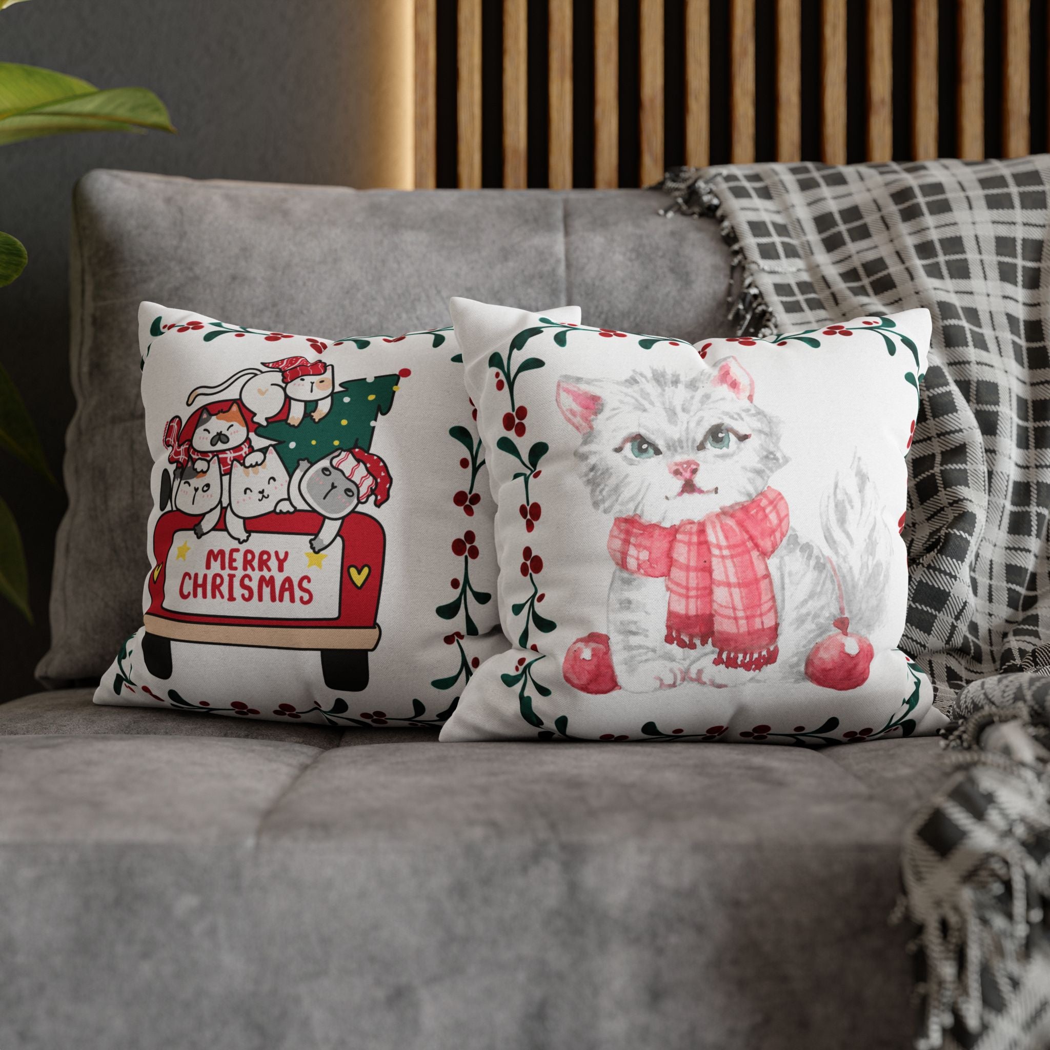 Christmas Cat Pillow Cover – Double-Sided Red Truck & Festive White Cat Design