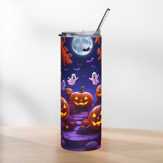 Glowing Pumpkins Halloween Tumbler – Ghosts, Bats & Moonlit Night
