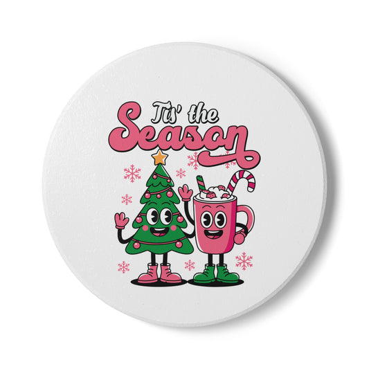 Festive Christmas Coaster with Cartoon Tree and Holiday Cup