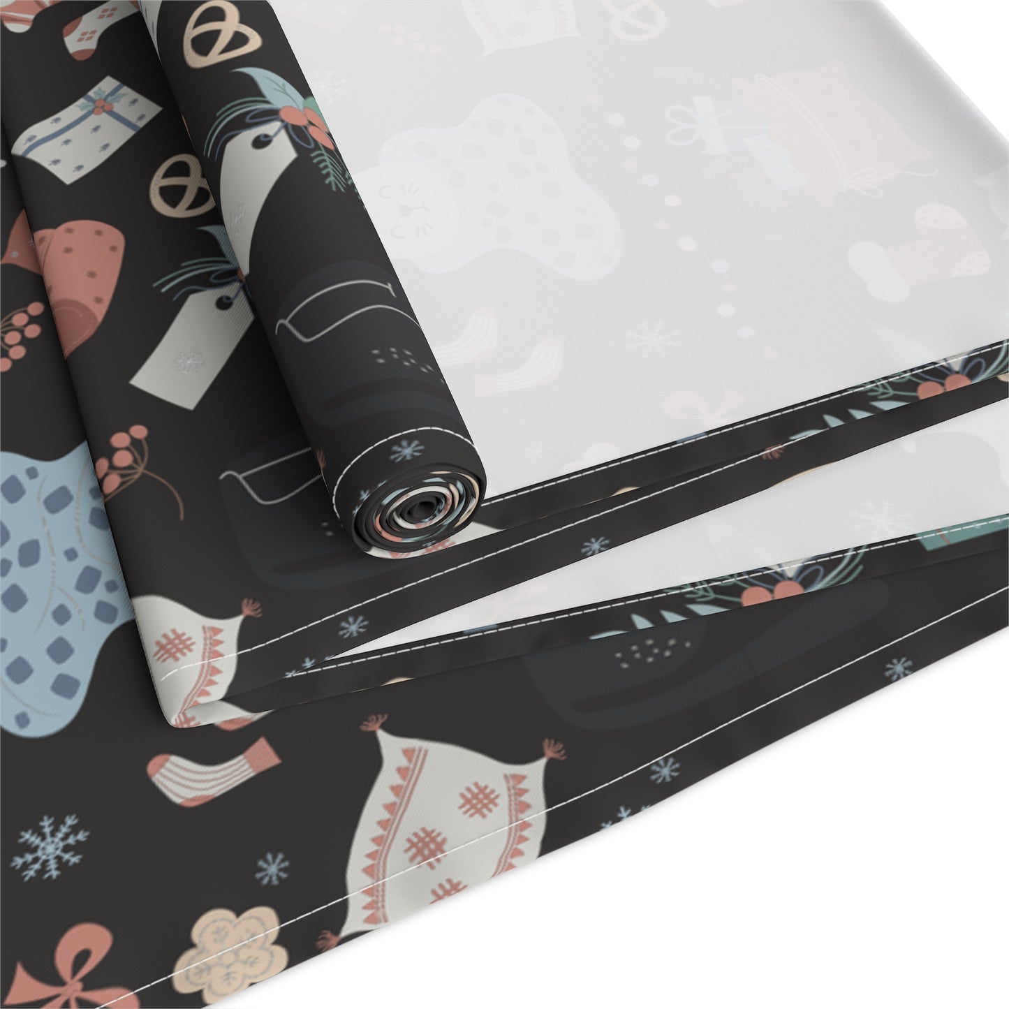 Holiday Table Runner – Festive Animals, Gifts & Foliage on Dark Background