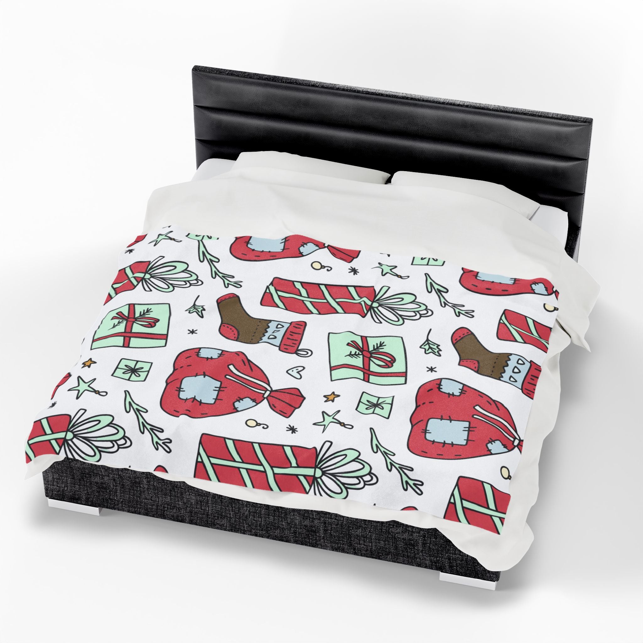 Gift Bag & Candy Cane Velveteen Plush Blanket – Festive Christmas Present Pattern