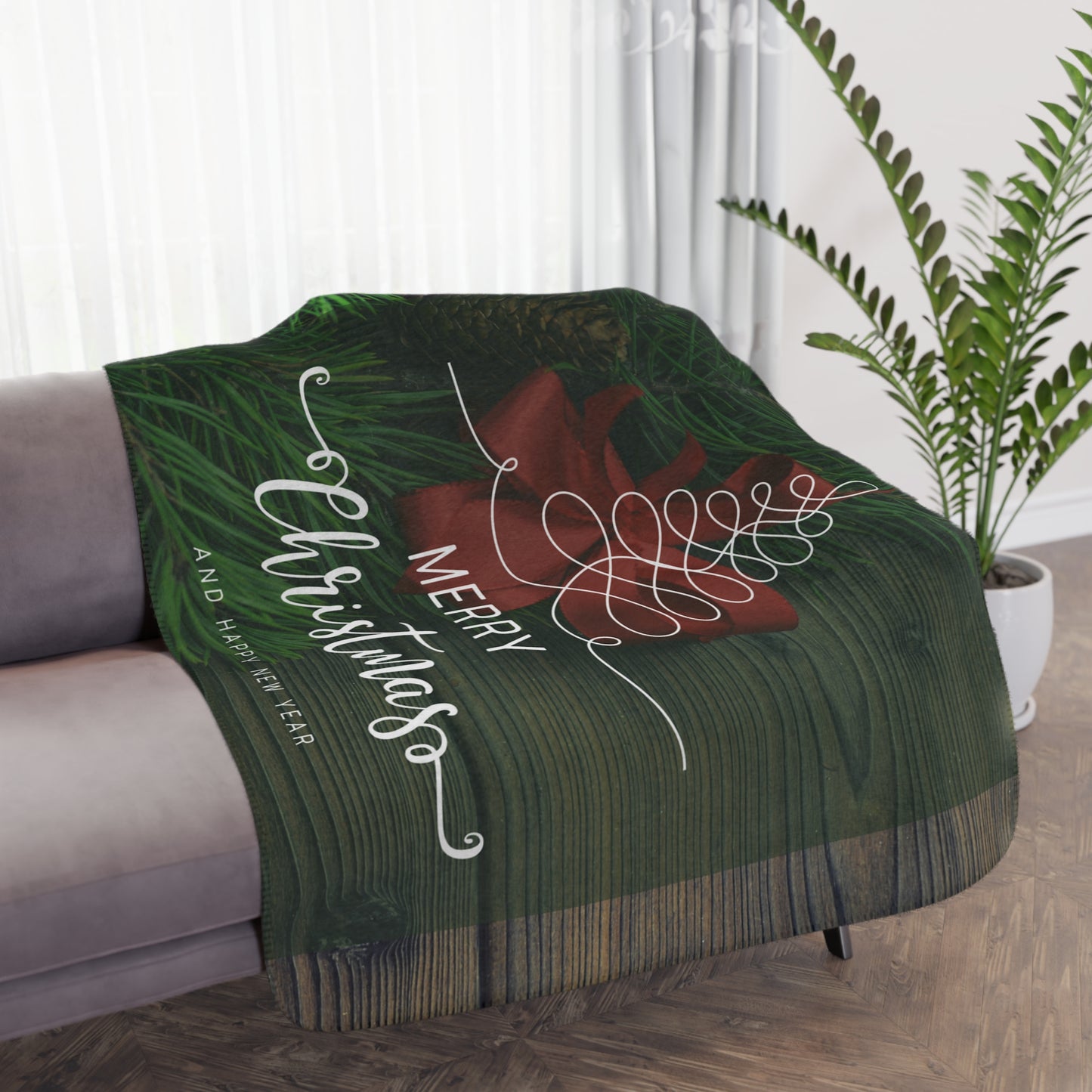 Merry Christmas with Tree Printed Tan Sherpa Blanket