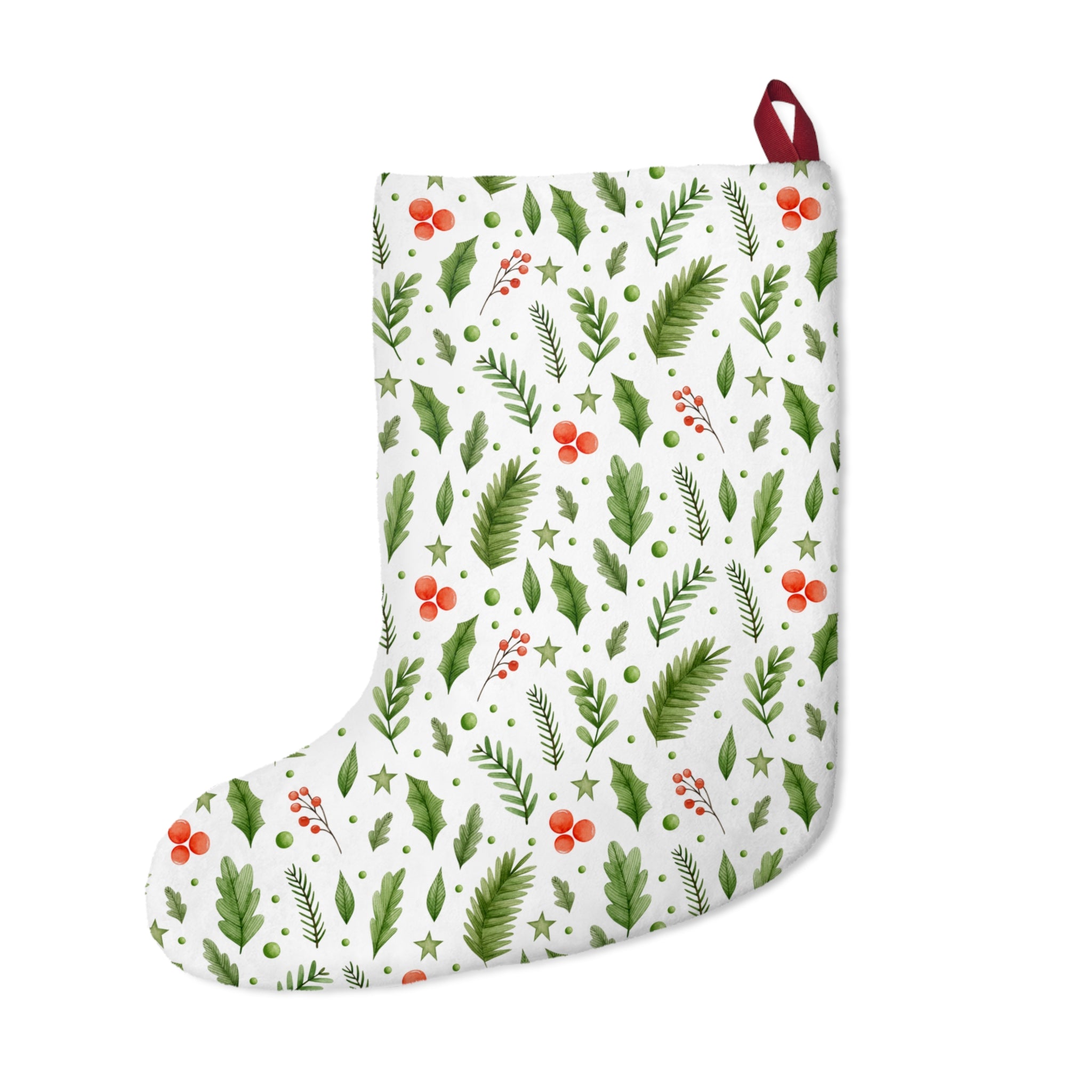 Botanical Christmas Stocking – White Background with Holly, Ferns & Red Berries