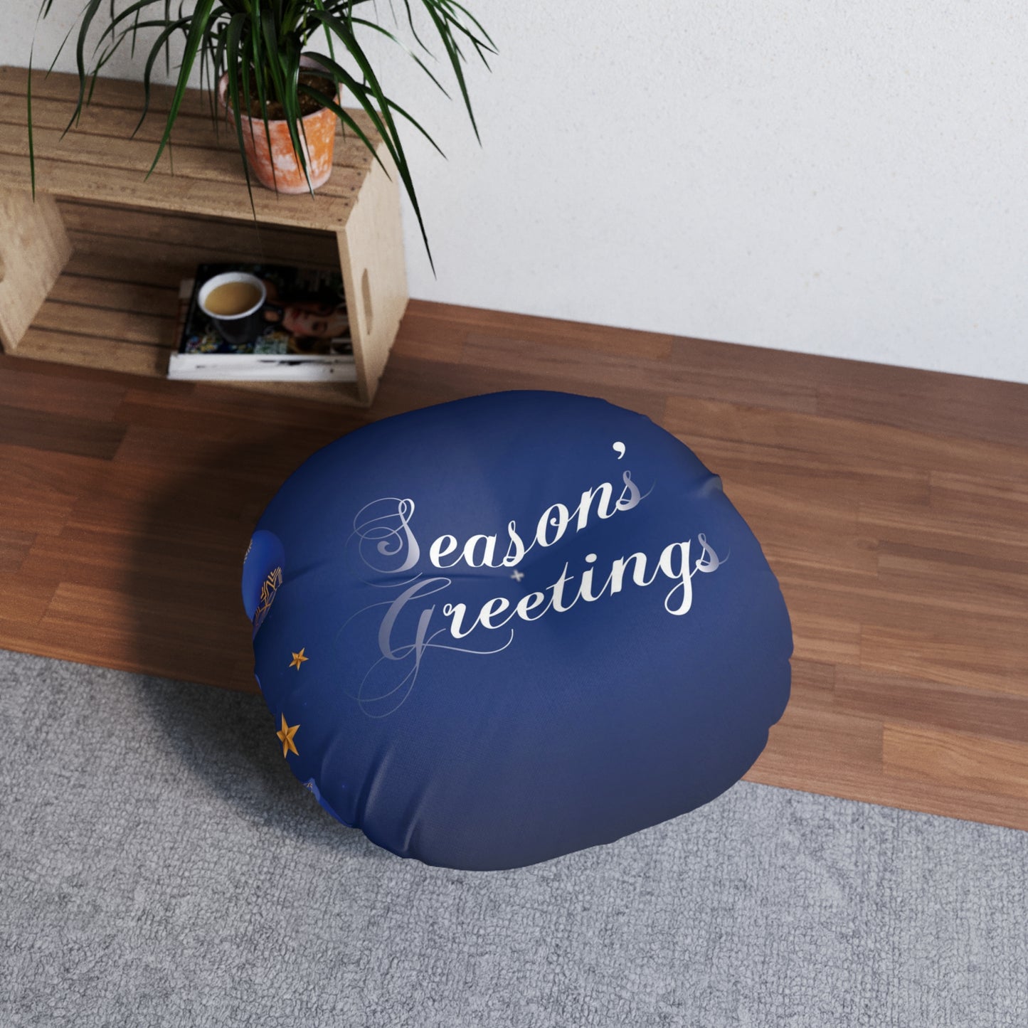 Season's Greetigs Tufted Floor Pillow, Round, Dark Blue