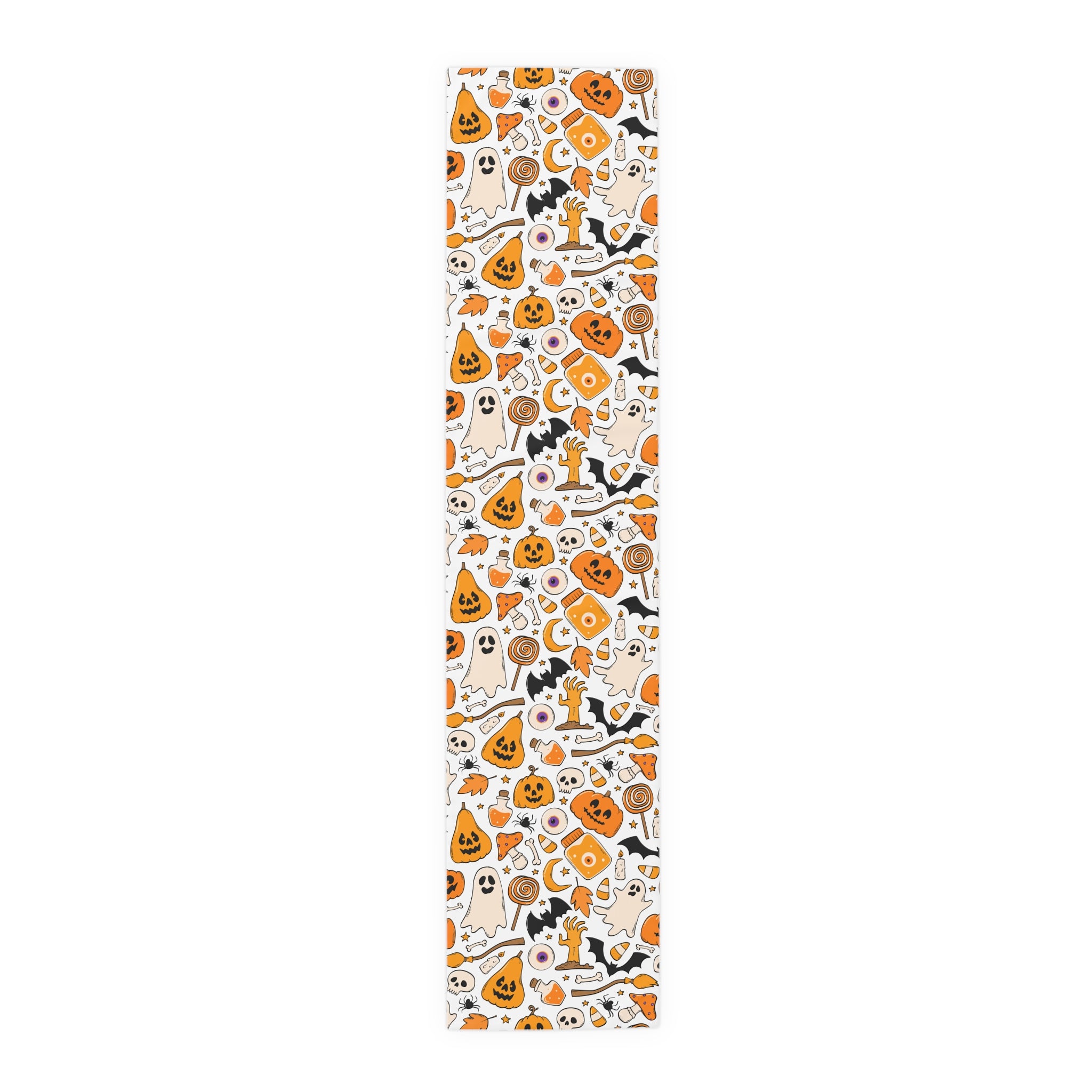 Halloween Table Runner – Halloween Icons in Orange & Black – Spooky Table Decor for Trick-or-Treat Hosting
