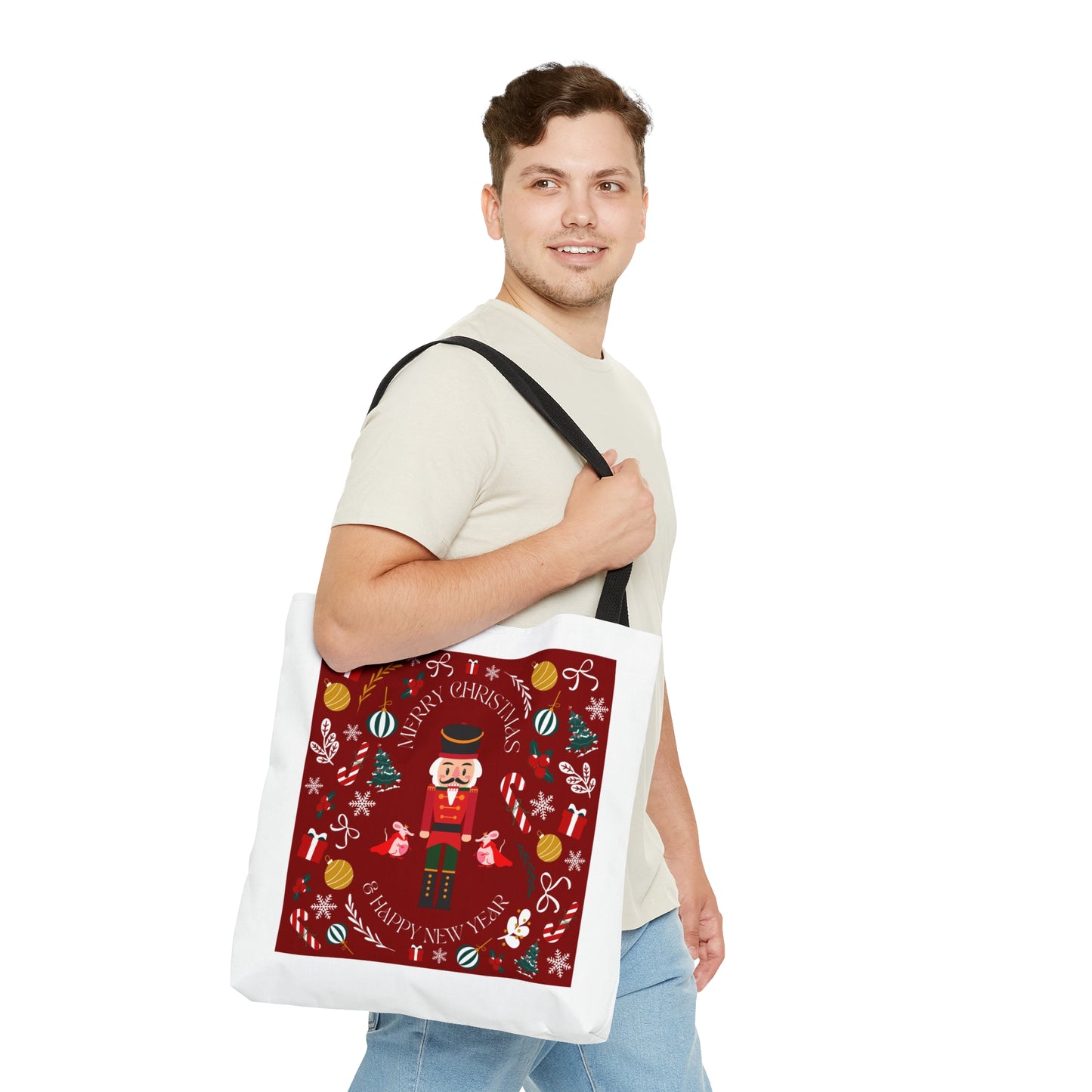 Tote Bag – Nutcracker & Holiday Icons Design – Christmas Gift for Shoppers & Seasonal Outings