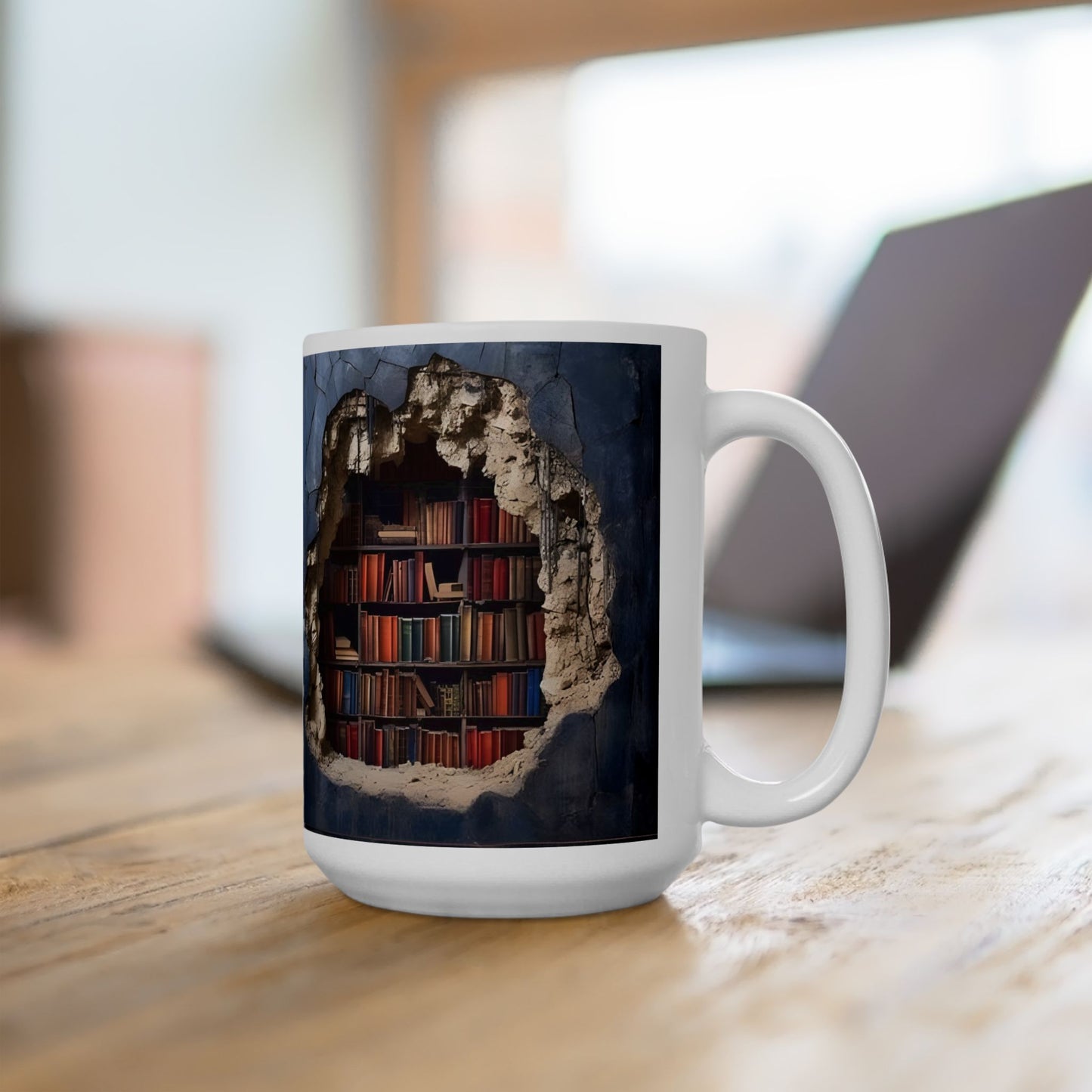 Mug - 3D Bookshelf Illusion - Unique Library Wall Break Design