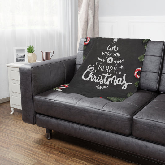 We Wish You Merry Christmas Prited Velveteen Minky Blanket, Black