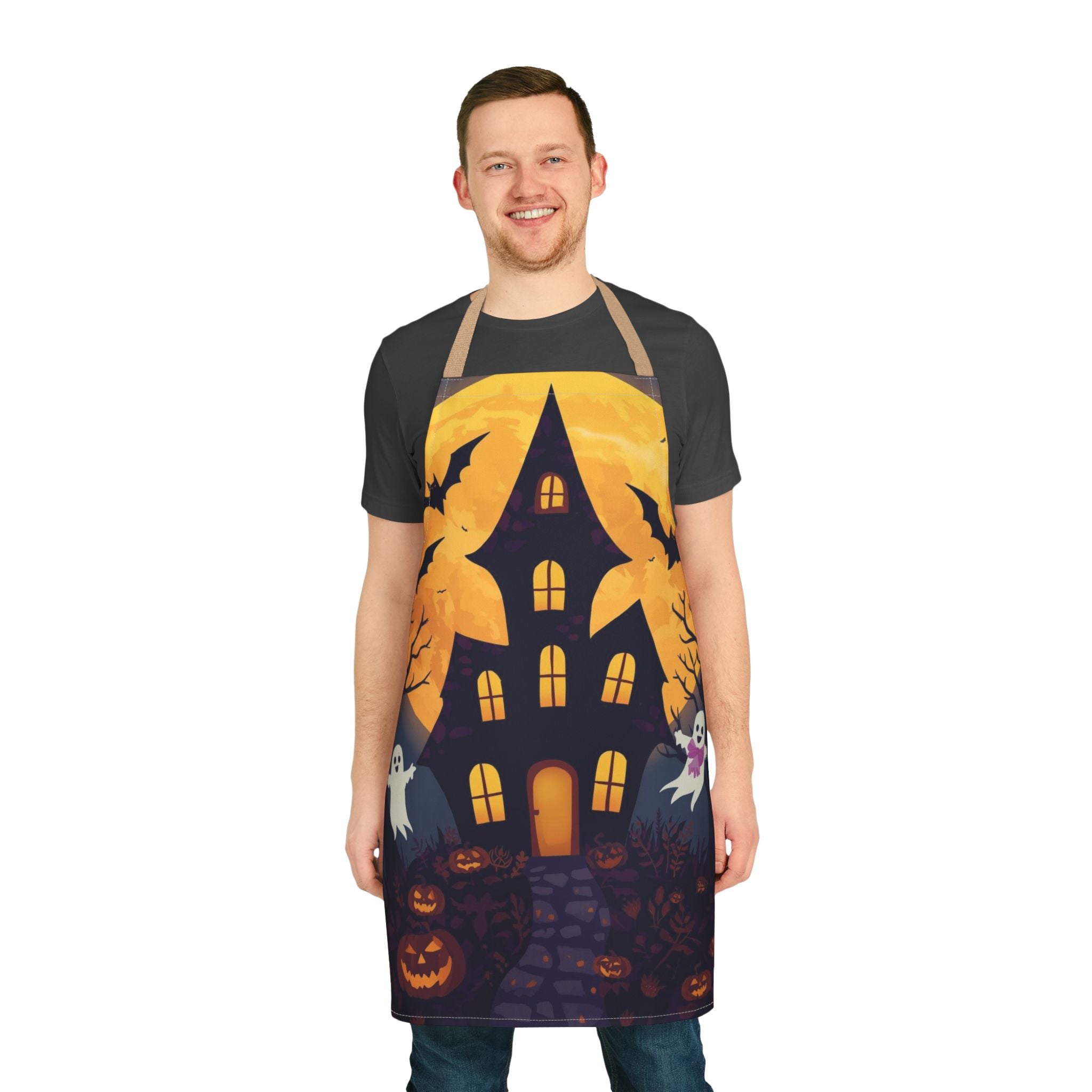 Halloween Apron with Haunted House, Ghosts, and Pumpkin Design