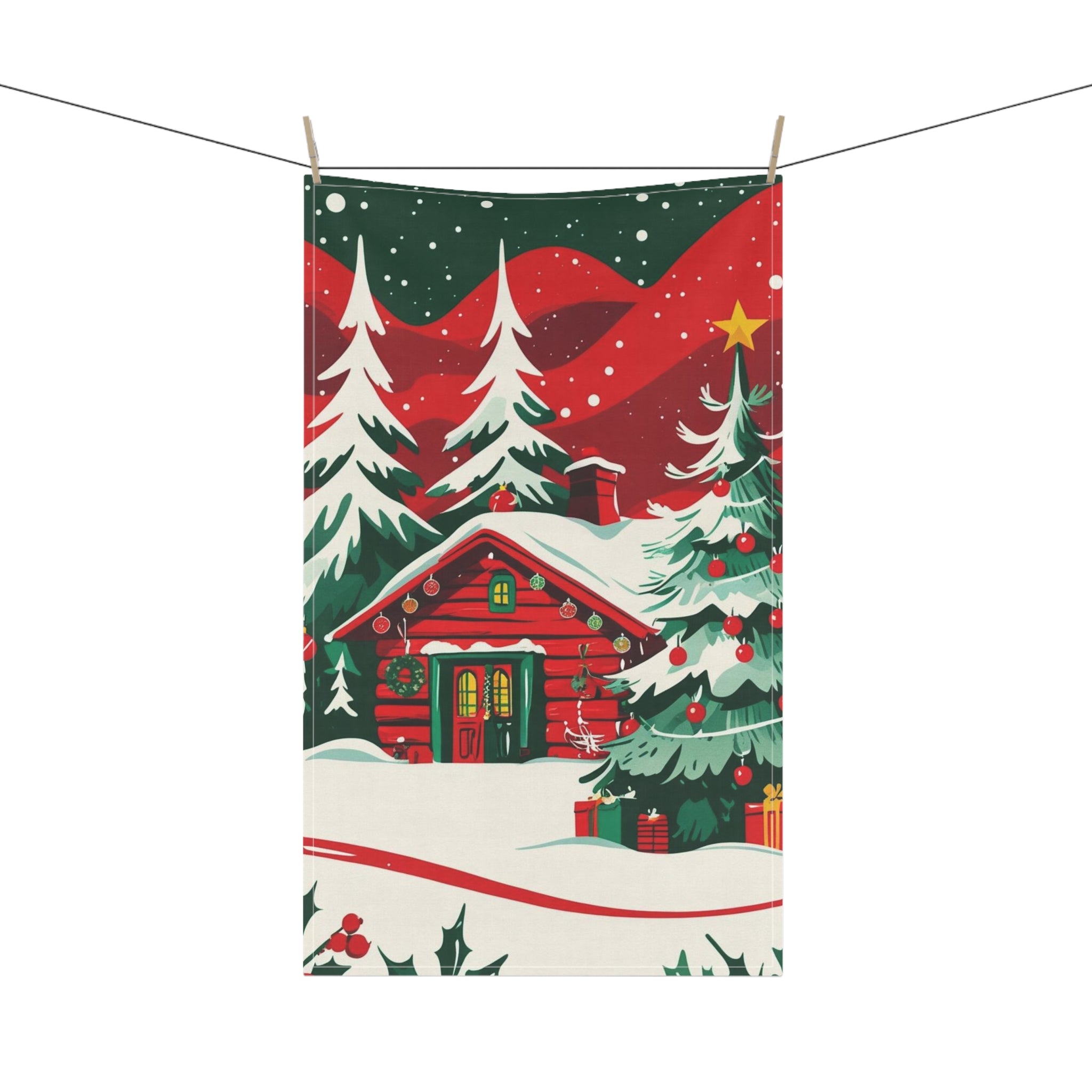Cozy Christmas Tea Towel with Snowy Cabin and Holiday Decor